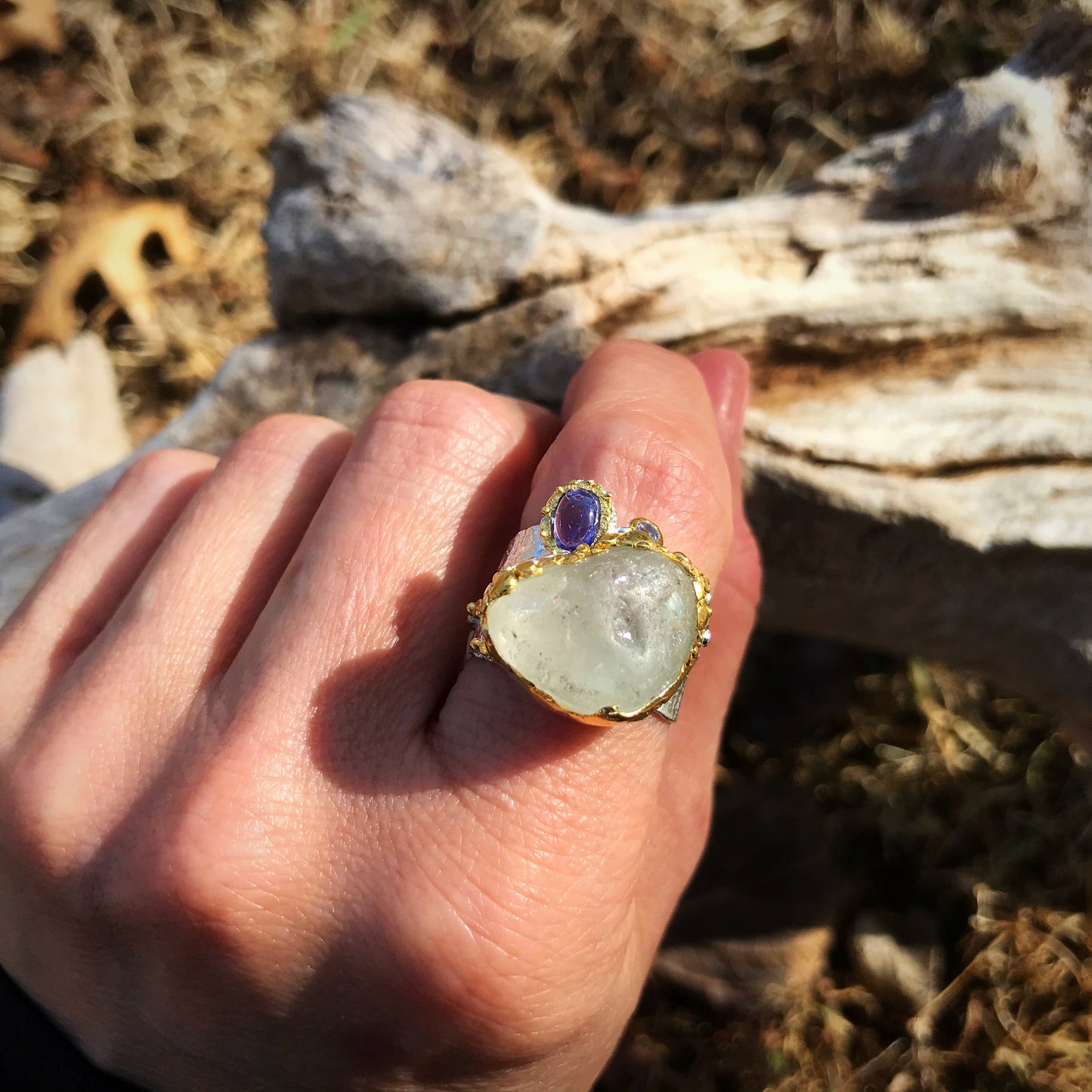 Sterling silver rough topaz lolite brutalist statement ring 7