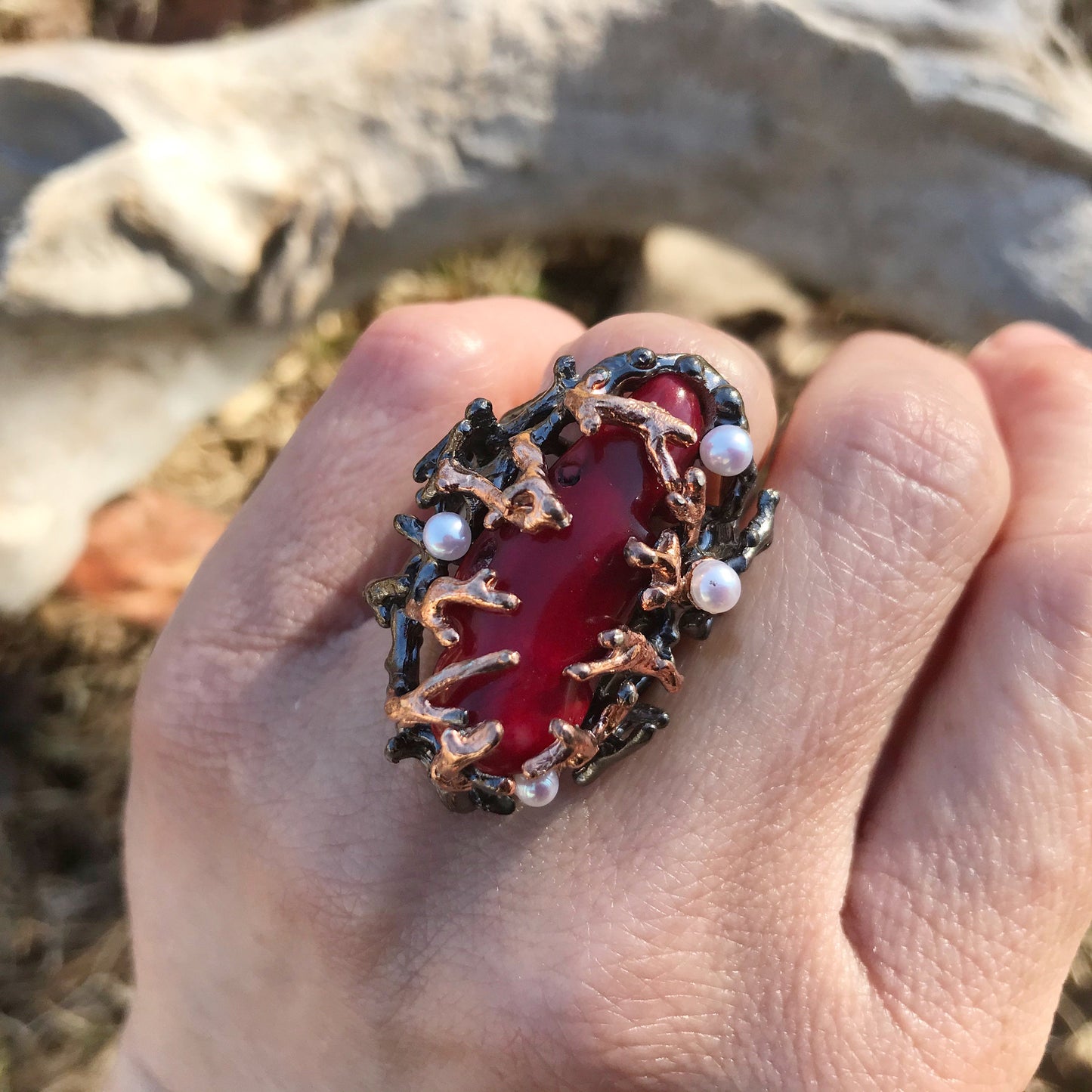 Sterling Silver Natural red coral natural art pearl statement ring 7.5