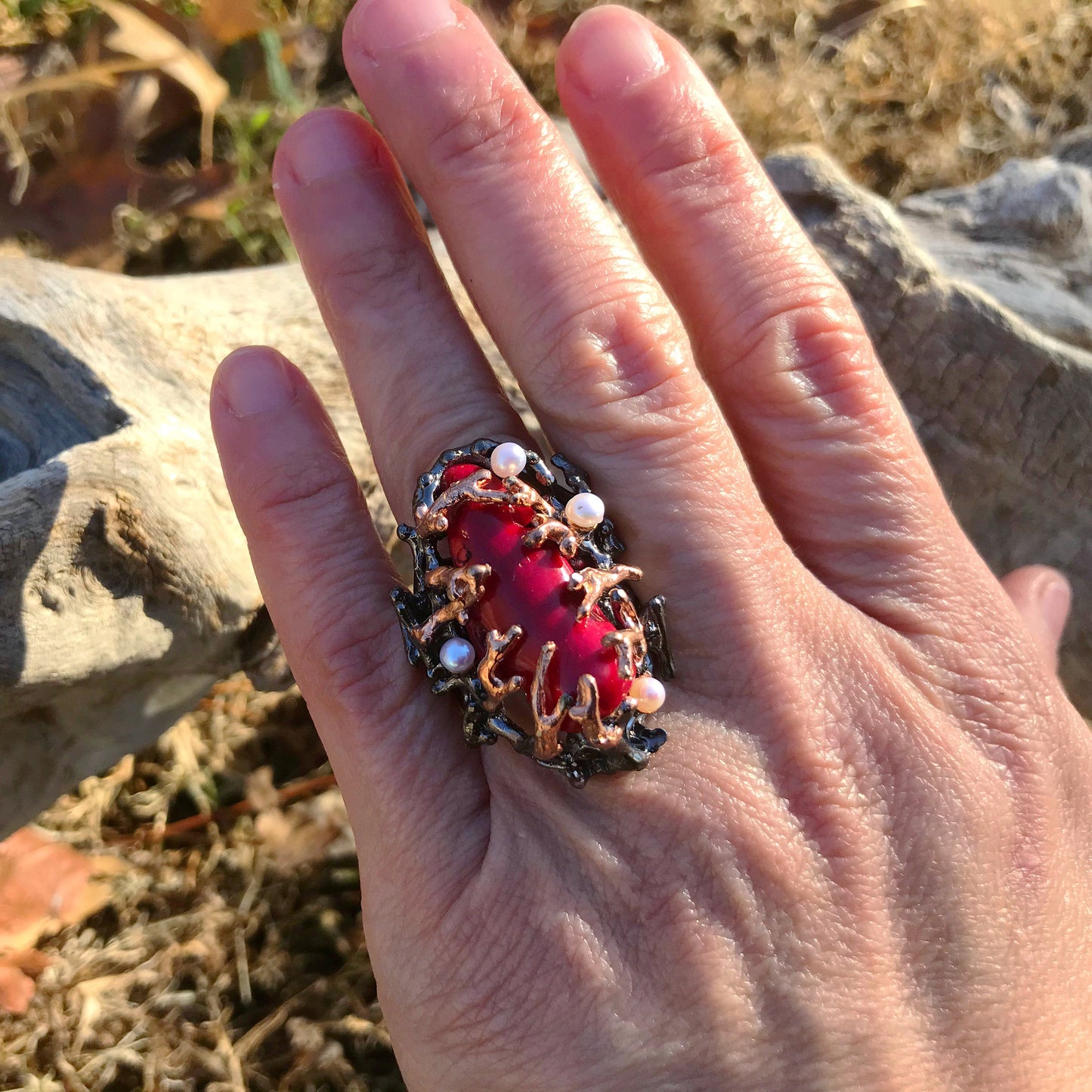 Sterling Silver Natural red coral natural art pearl statement ring 7.5