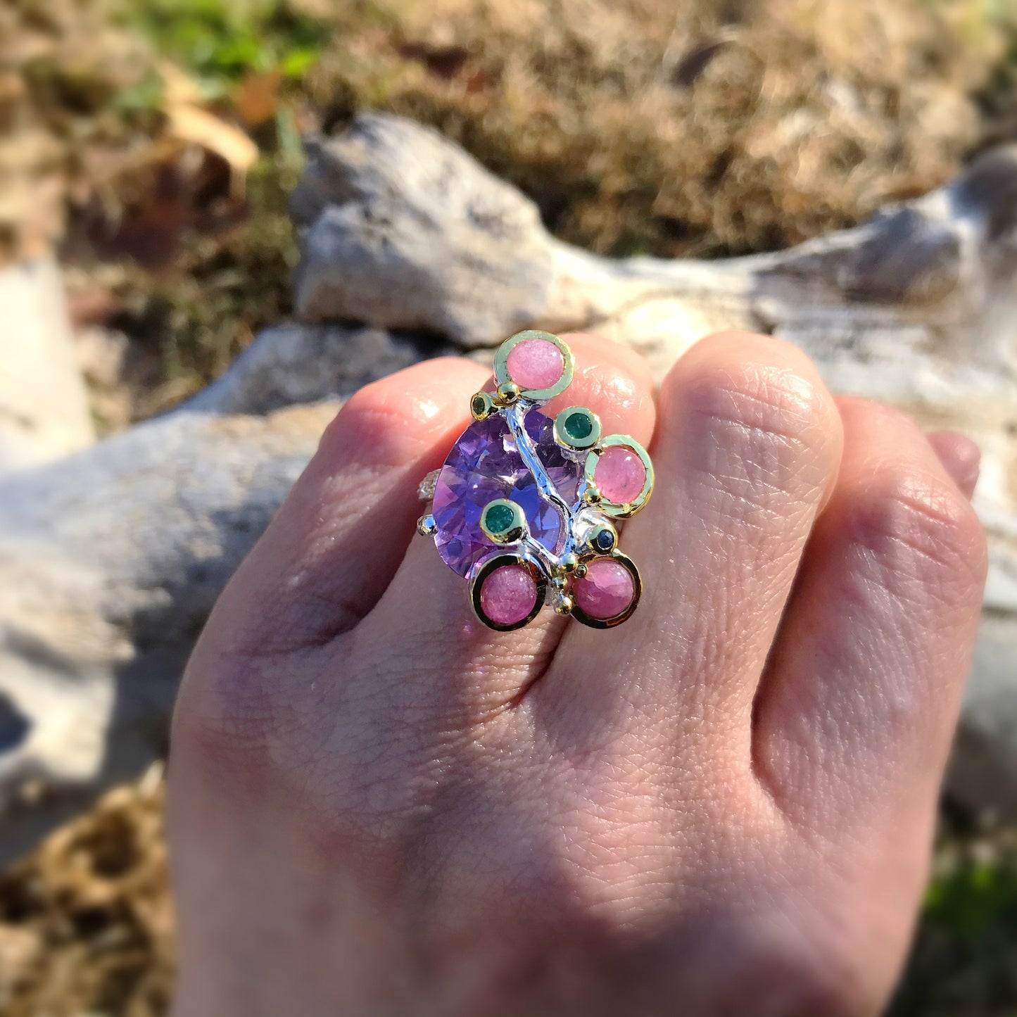 sterling silver modernist Amethyst ruby sapphire statement ring 7