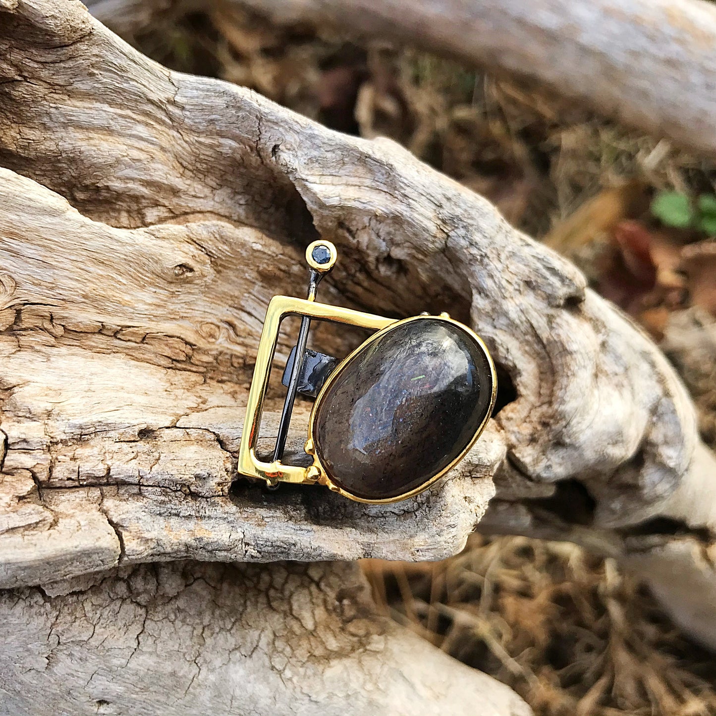 Sterling silver cat’s eye Sunstone sapphire modernist square ring 7-8