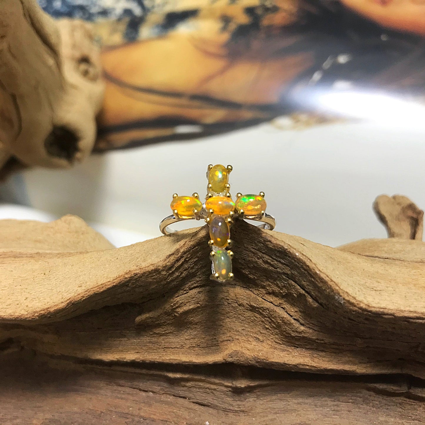 Sterling Silver Black flash Opal Cross Ring Size 9