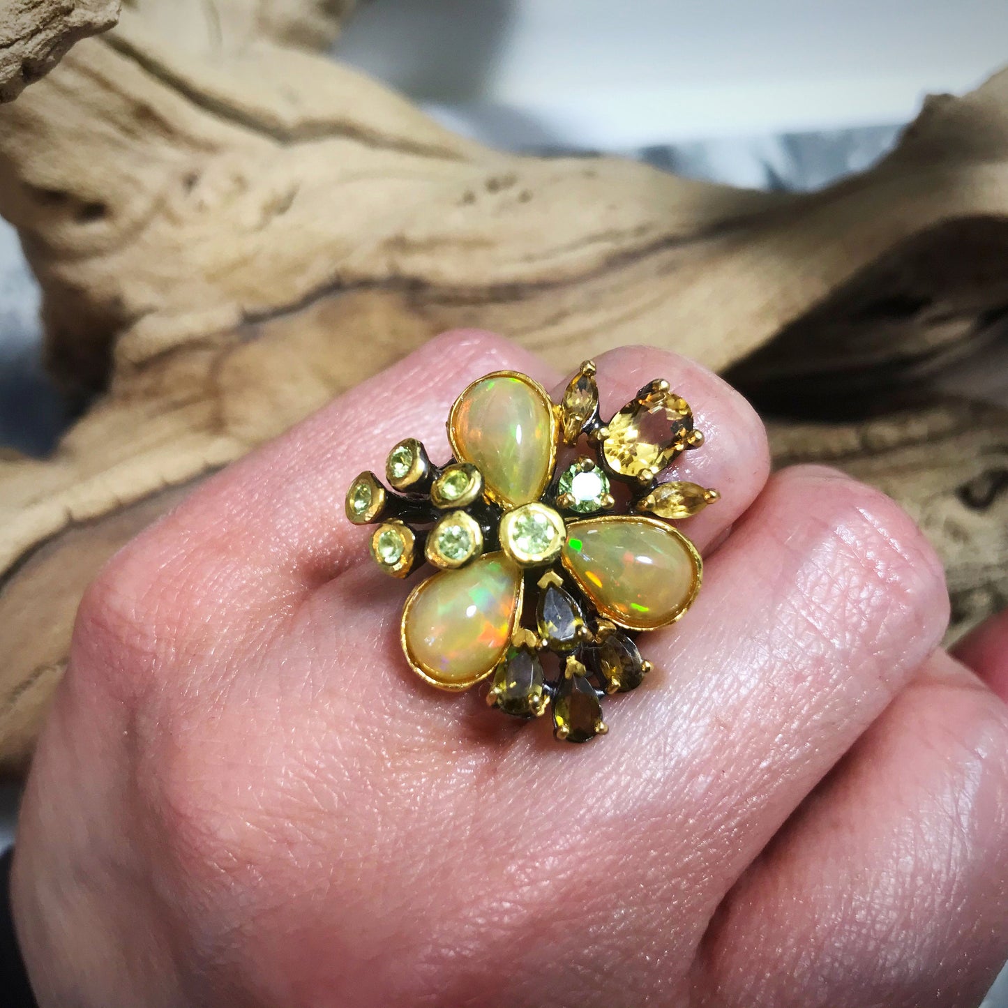 Natural Rainbow opal citrine peridot Sterling Silver Ring 7.5