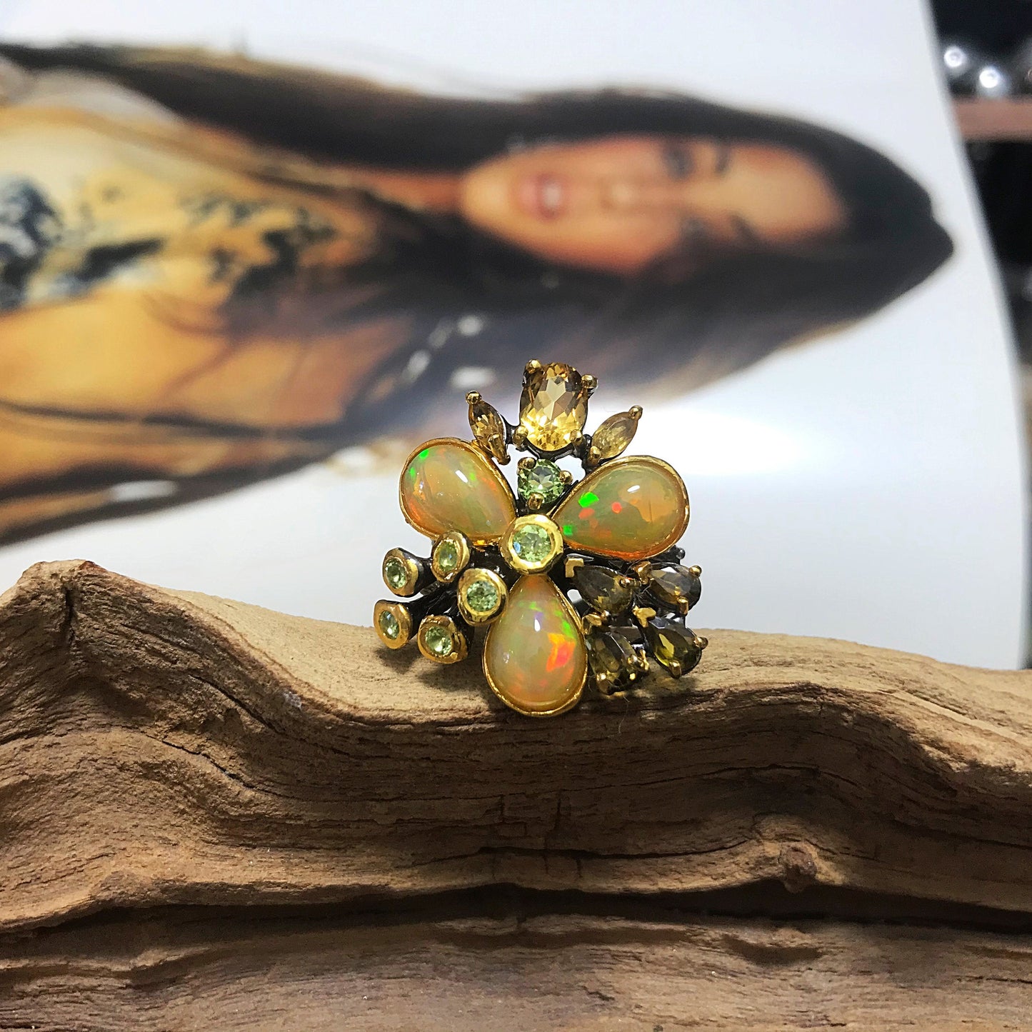 Natural Rainbow opal citrine peridot Sterling Silver Ring 7.5