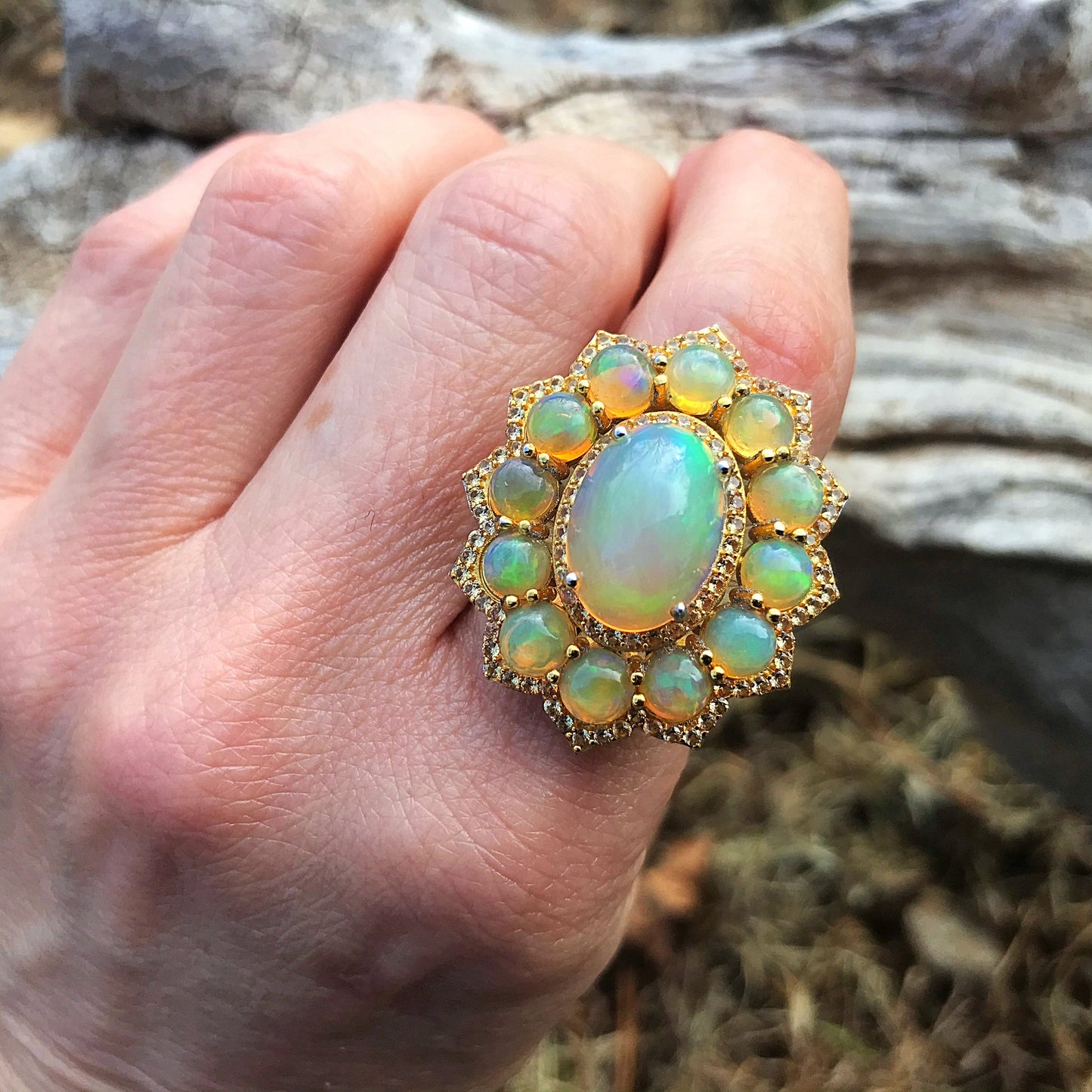 sterling silver Natural Fire Opal yellow sapphire statement ring