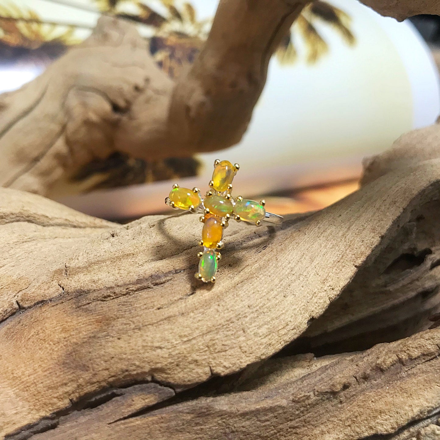 Sterling Silver Black flash Opal Cross Ring Size 9