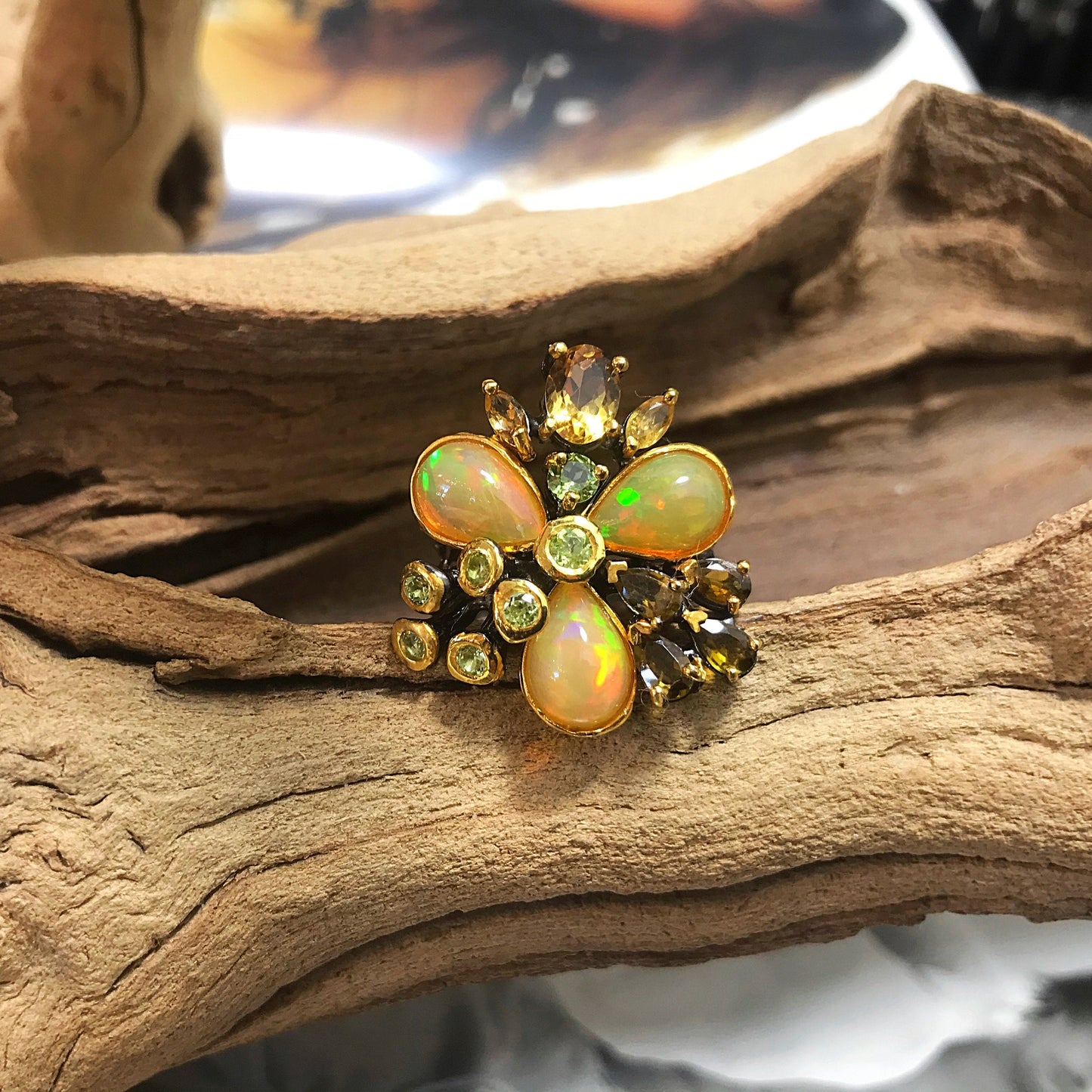 Natural Rainbow opal citrine peridot Sterling Silver Ring 7.5