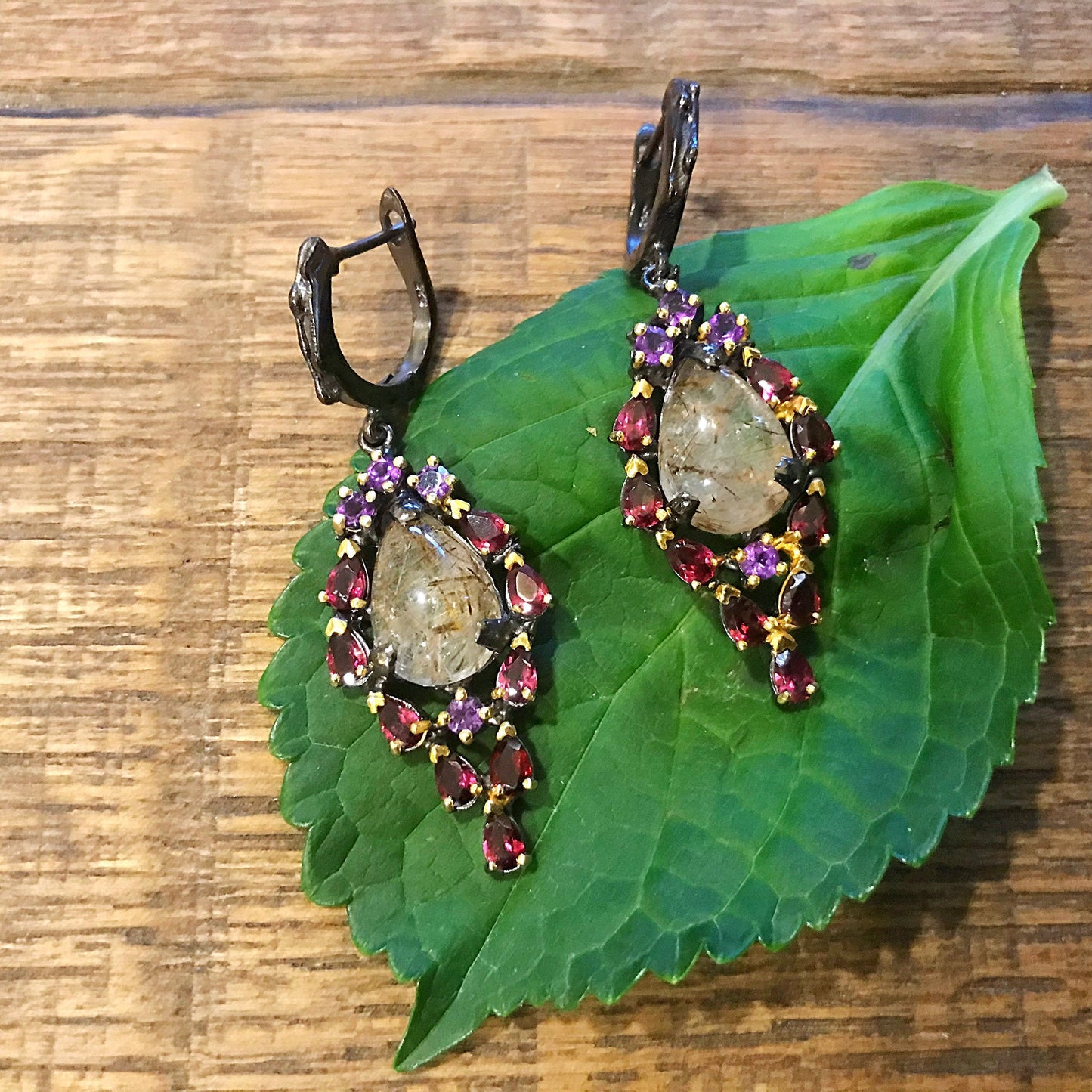 sterling silver statement rutilated quartz amethyst dangle earrings