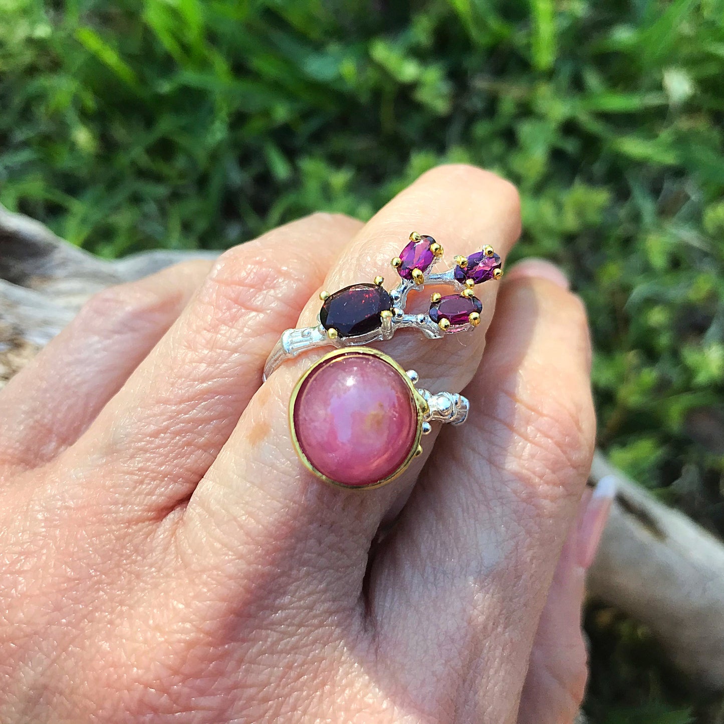 Sterling silver ruby red rhodolite garnet ring adjustable