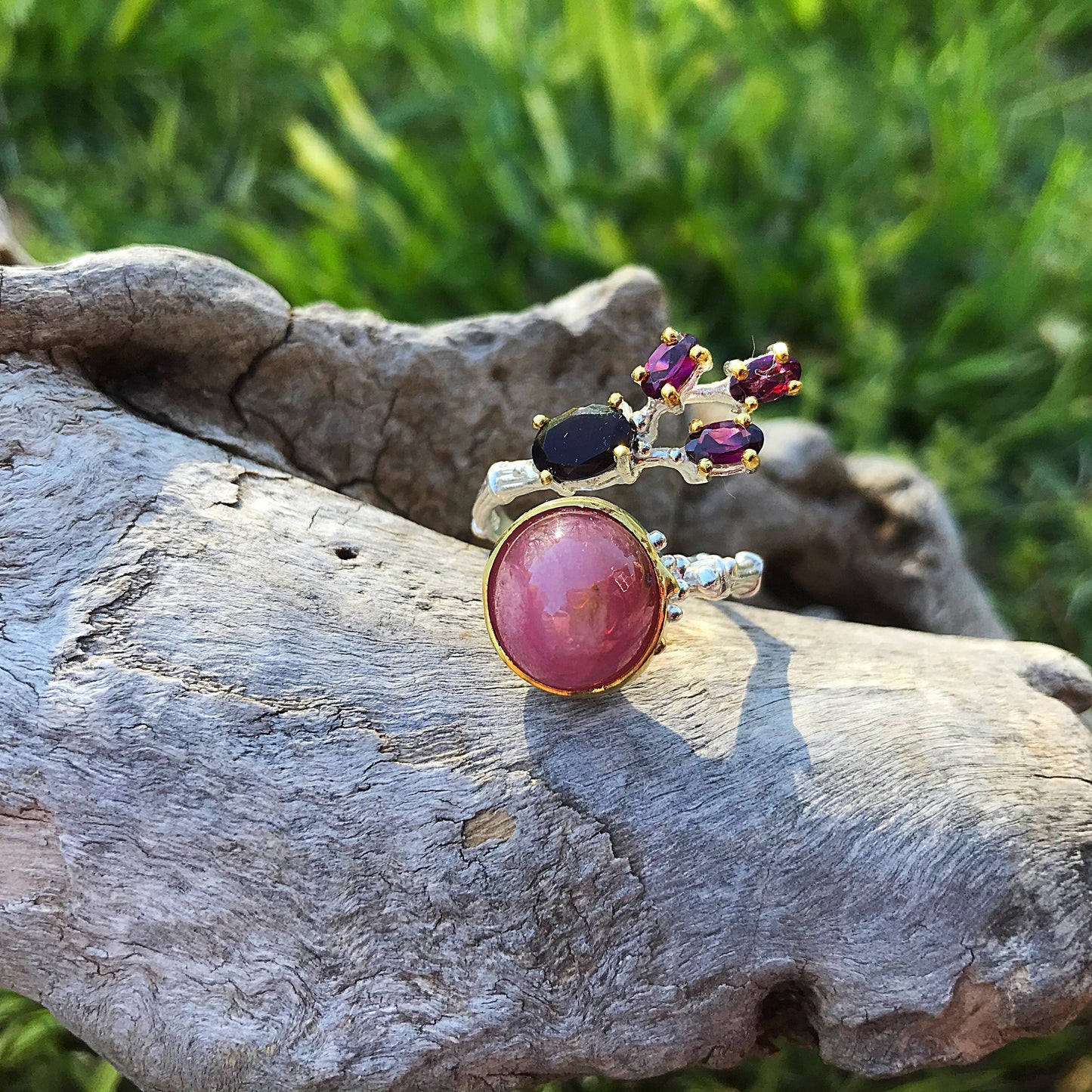 Sterling silver ruby red rhodolite garnet ring adjustable