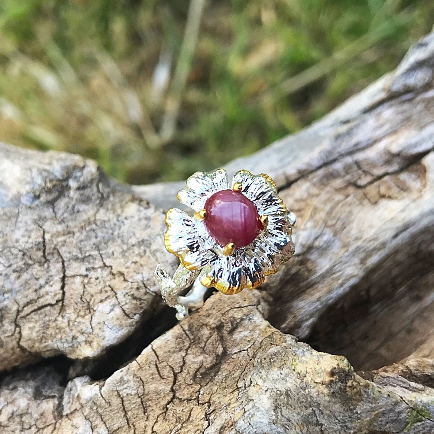 Sterling silver handmade red star ruby ring flower 6.5
