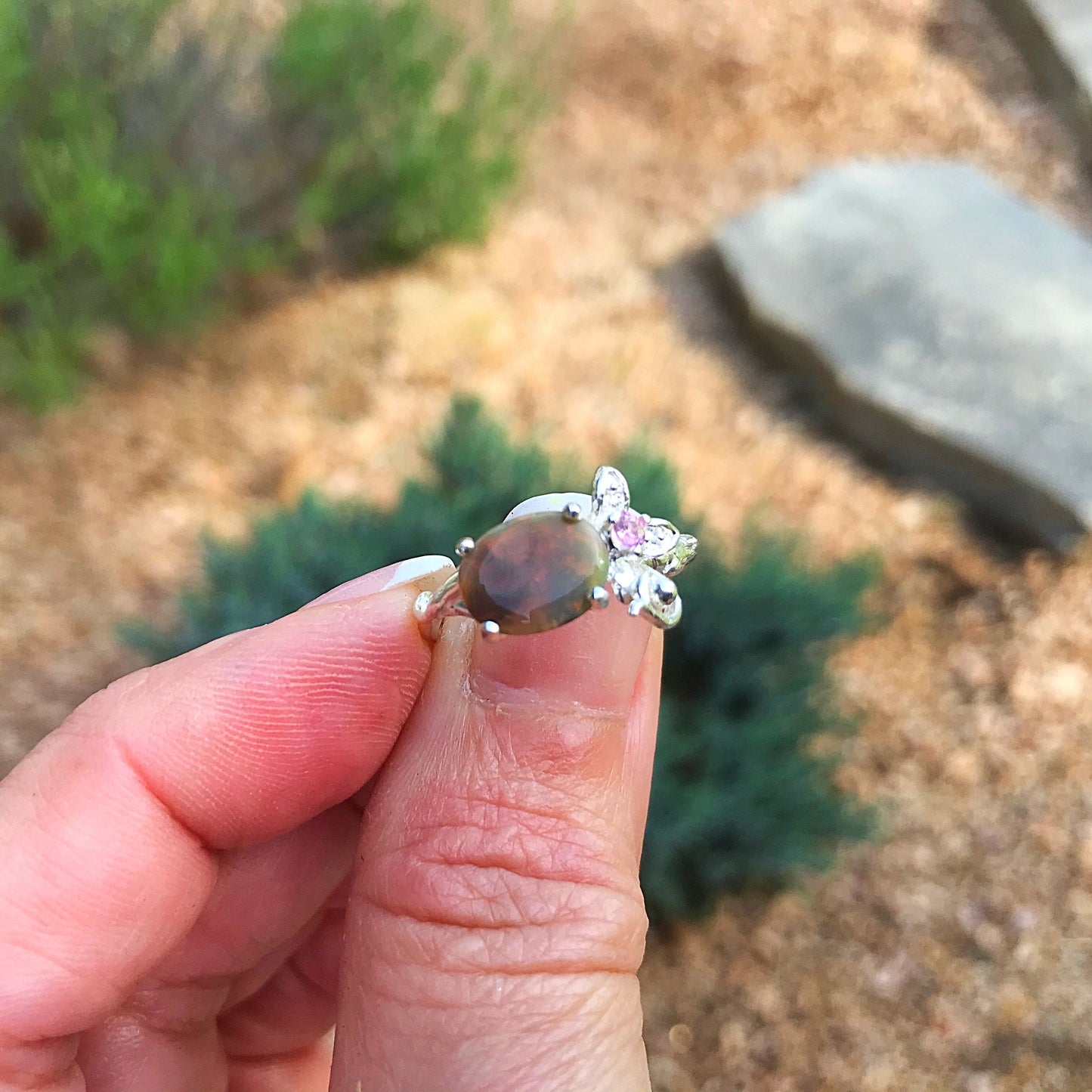 Sterling Silver rainbow opal pink tourmaline ring 7