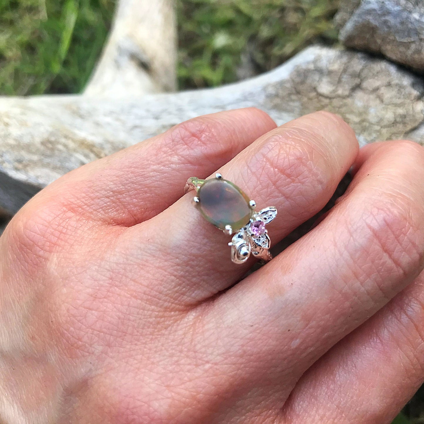 Sterling Silver rainbow opal pink tourmaline ring 7