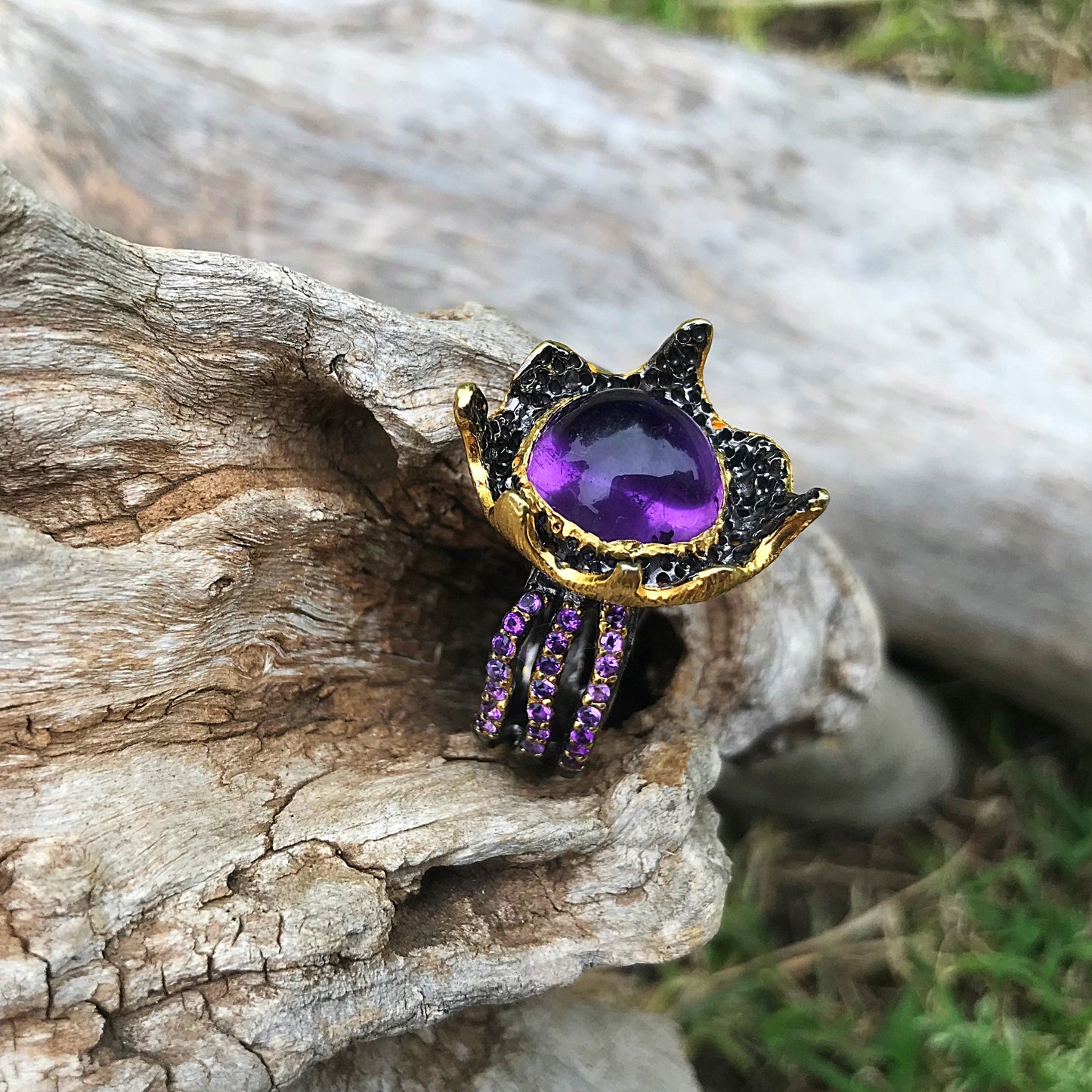 sterling silver statement Natural Amethyst abstract ring 9