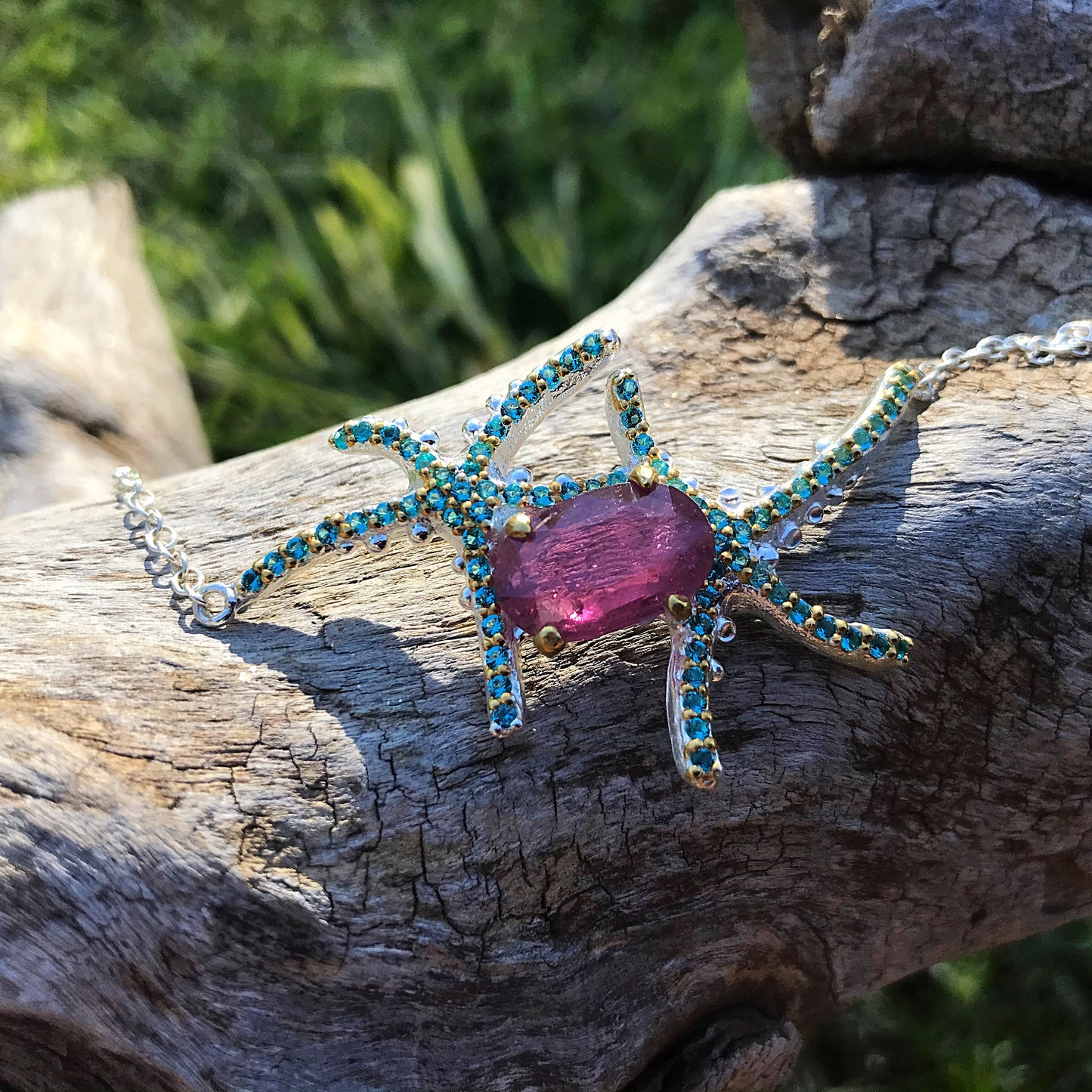 Sterling Silver Natural red ruby  starfish bracelet