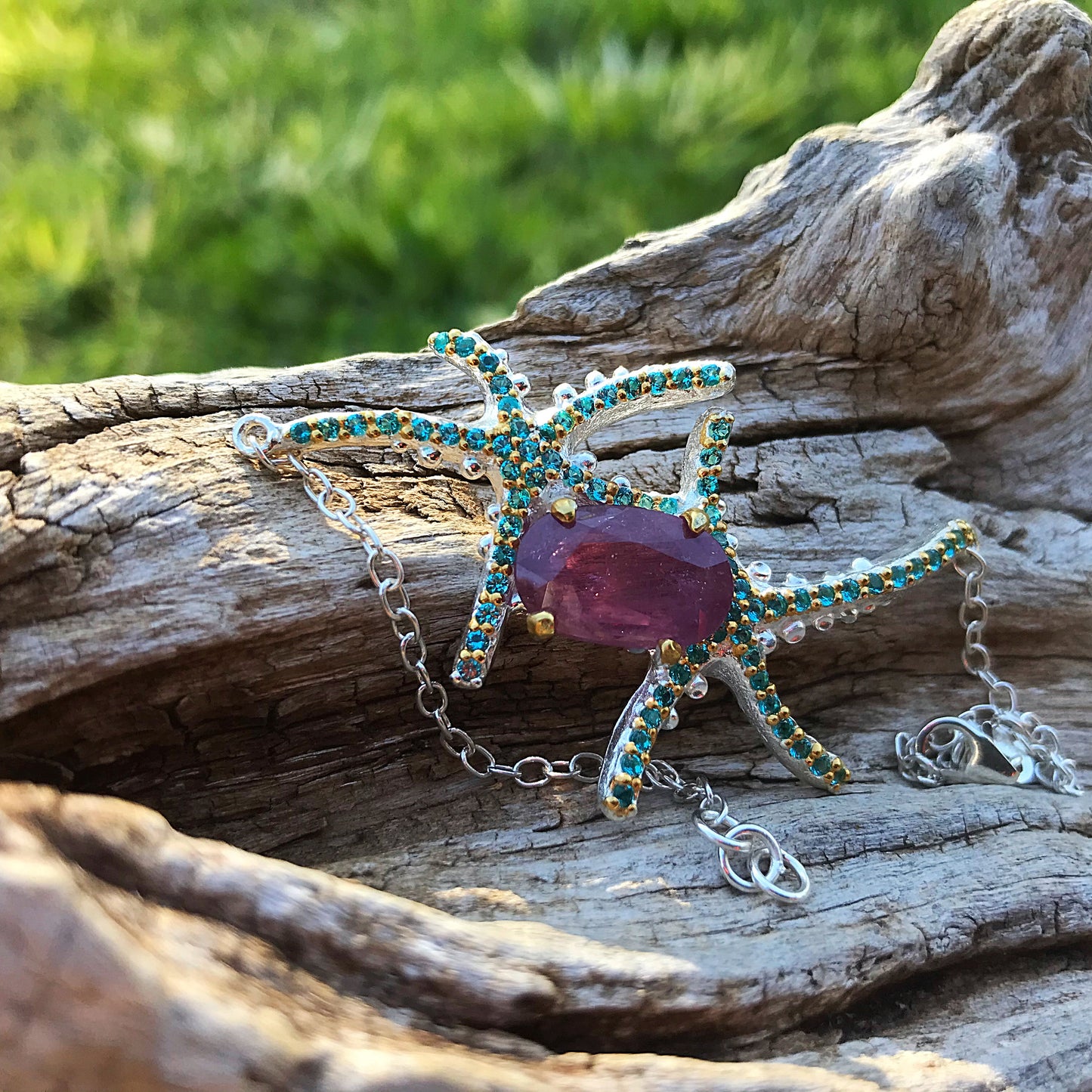 Sterling Silver Natural red ruby  starfish bracelet
