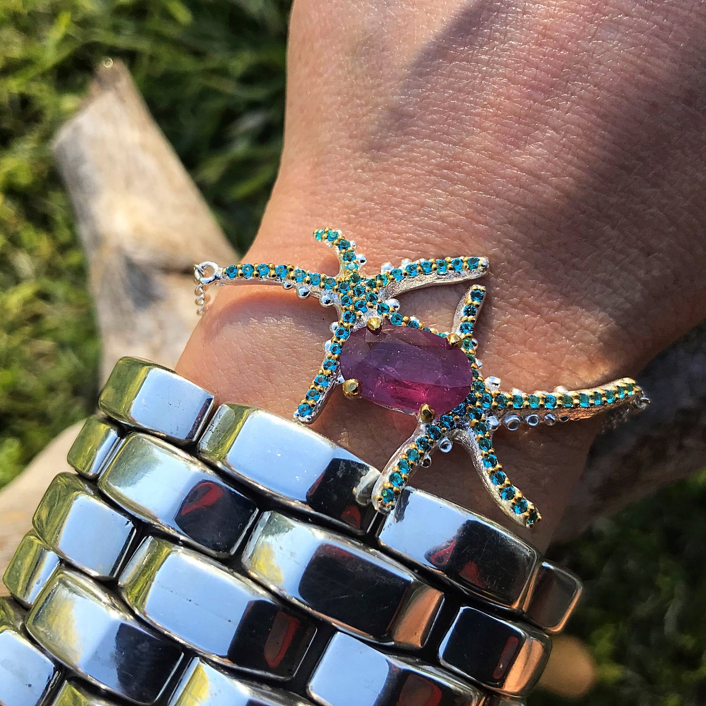 Sterling Silver Natural red ruby starfish bracelet