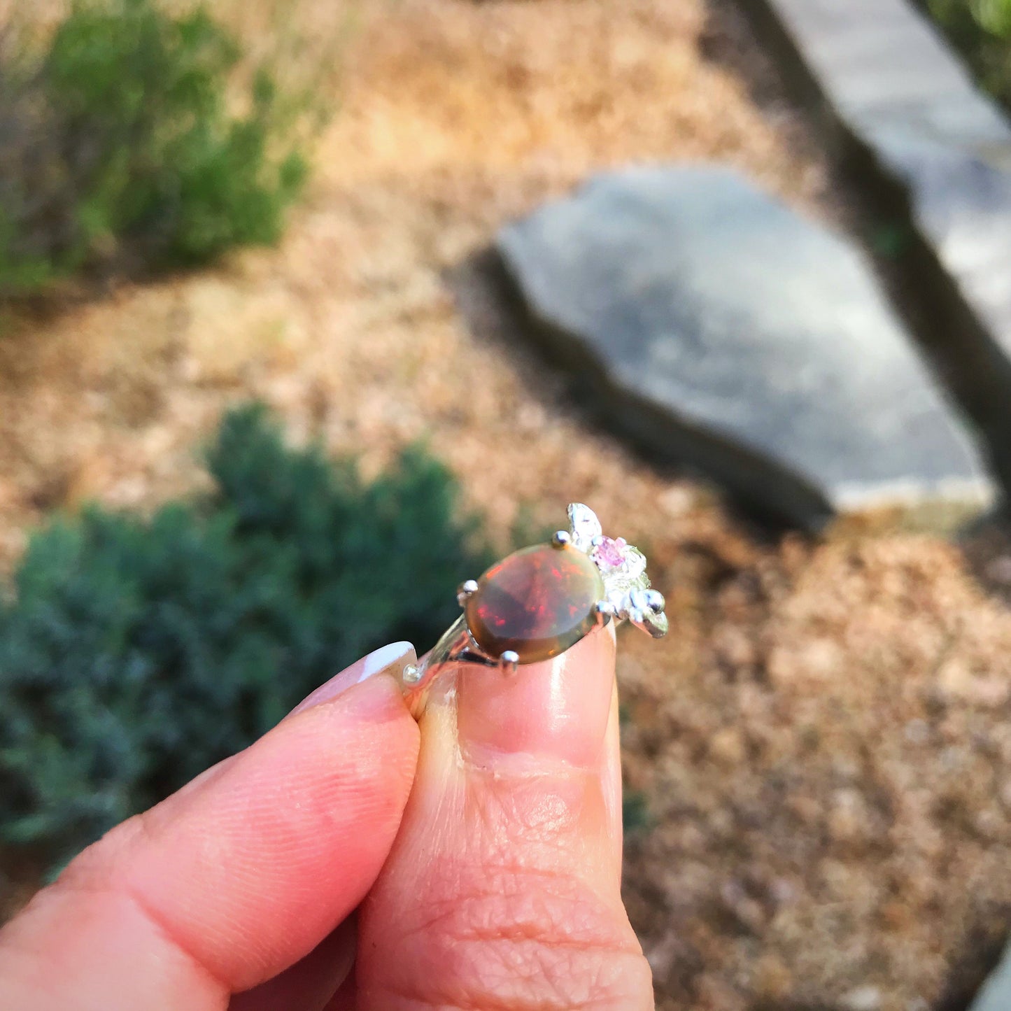 Sterling Silver rainbow opal pink tourmaline ring 7