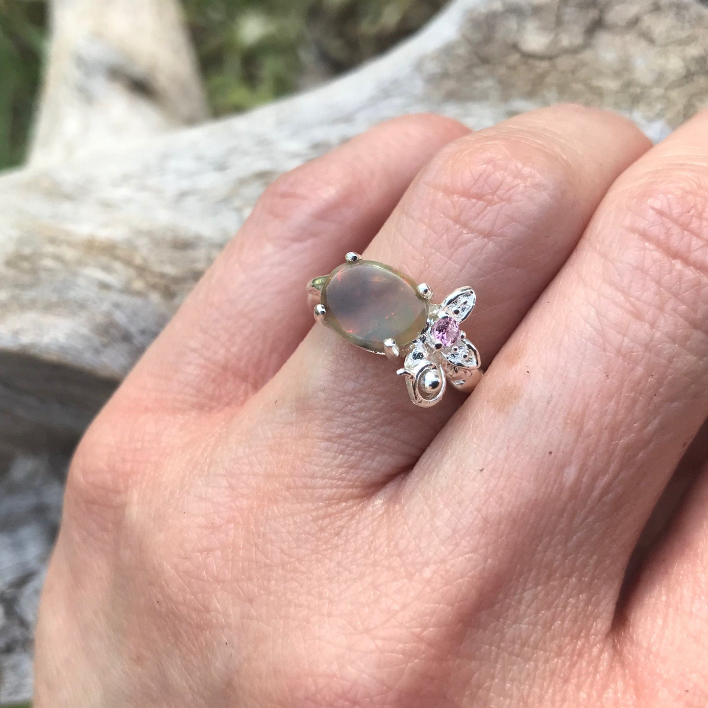 Sterling Silver rainbow opal pink tourmaline ring 7