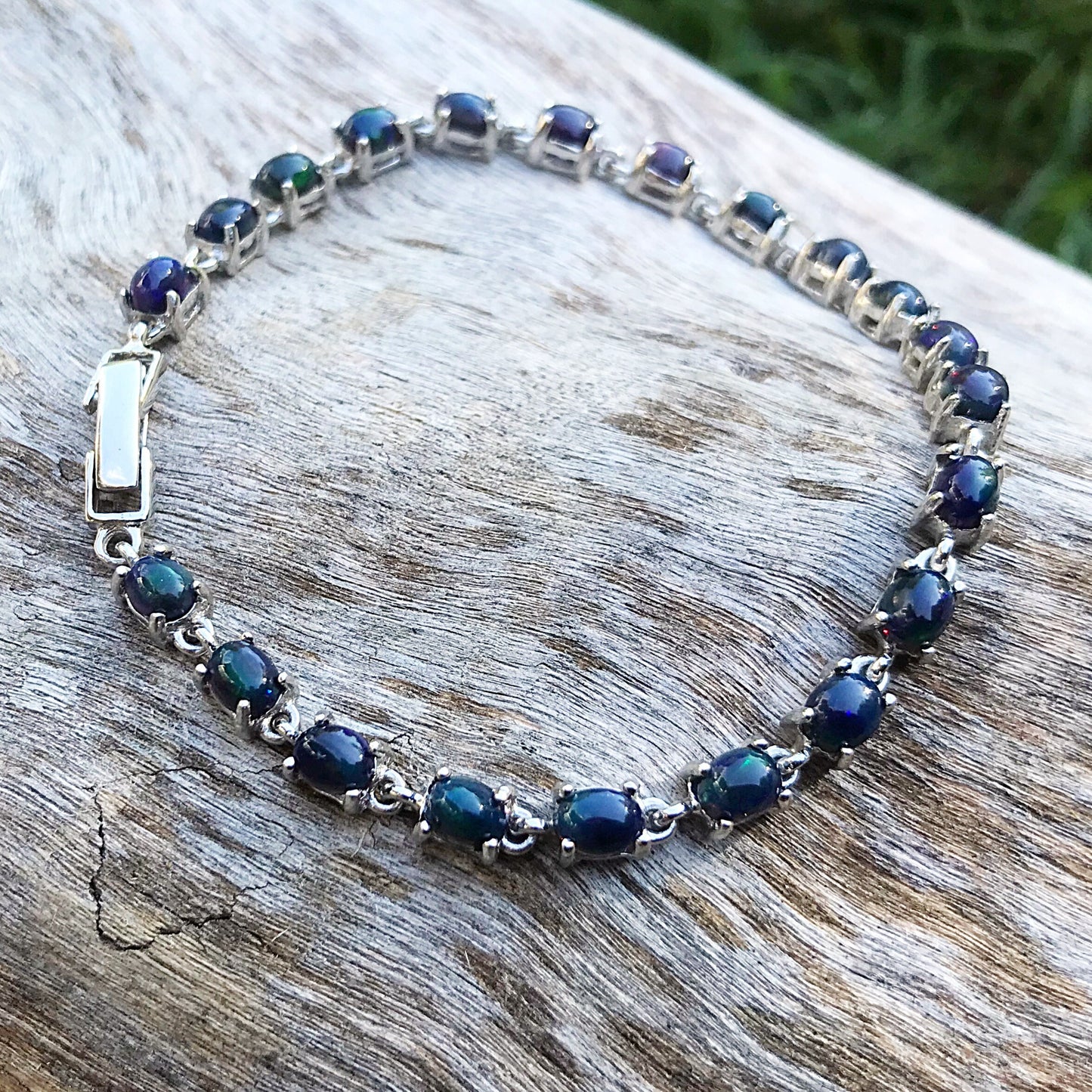 Handmade Sterling Silver Natural Black Opal tenis bracelet