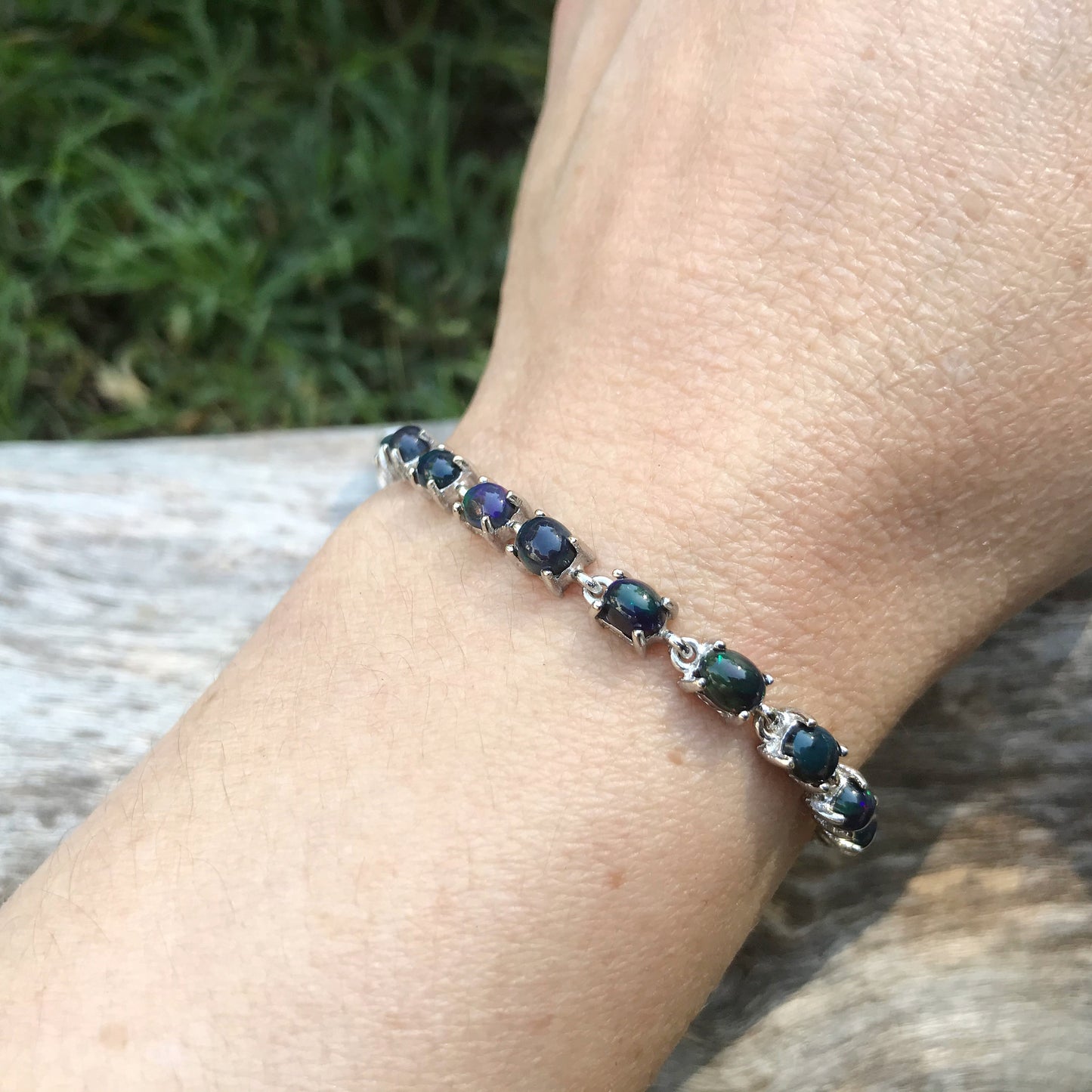 Handmade Sterling Silver Natural Black Opal tenis bracelet