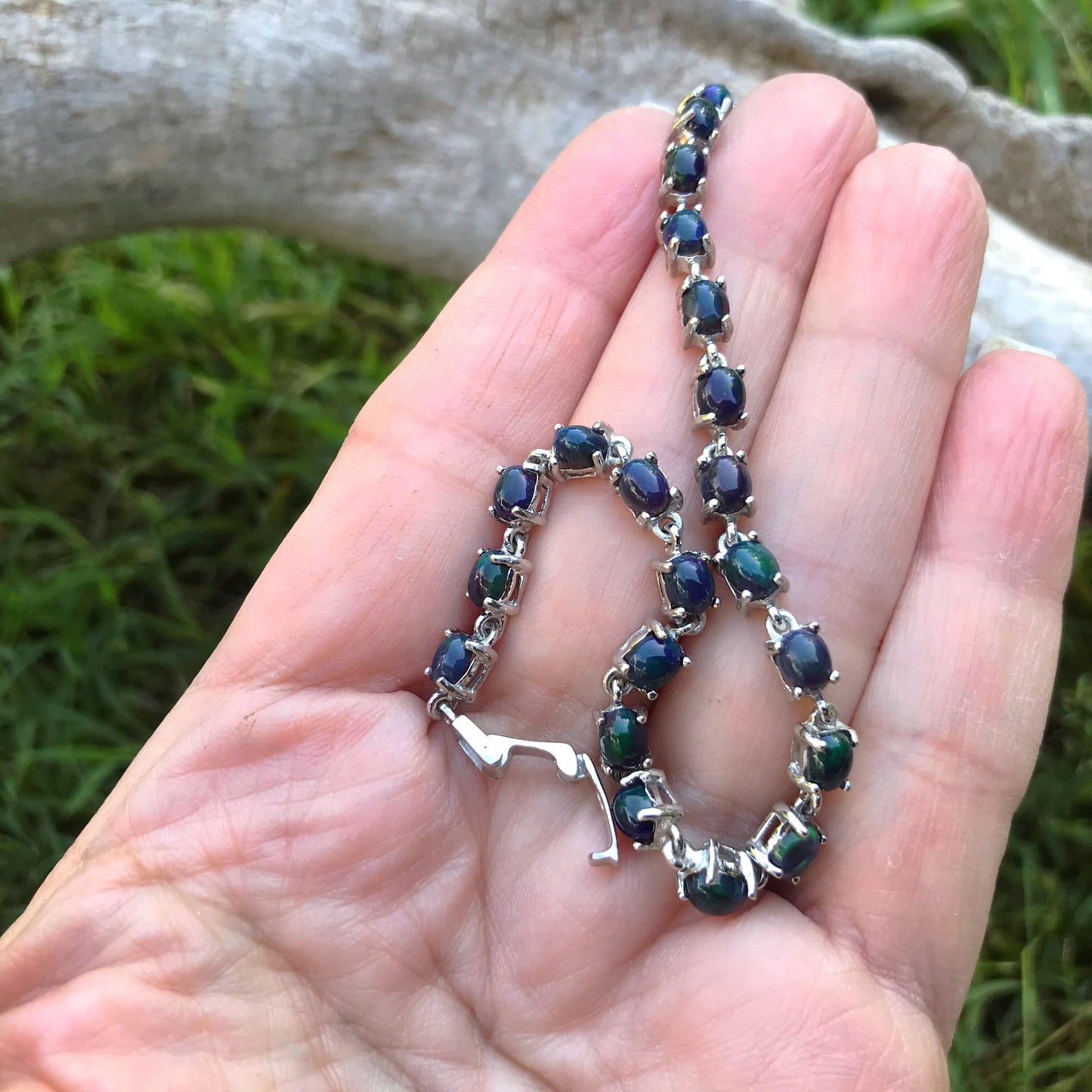 Handmade Sterling Silver Natural Black Opal tenis bracelet