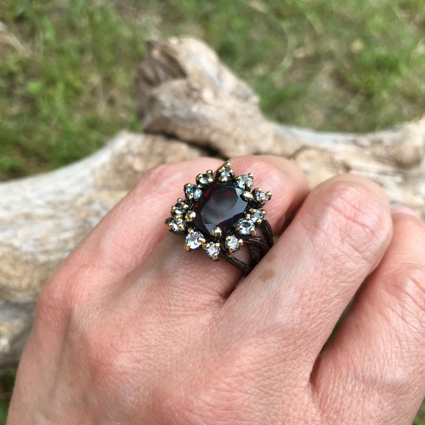 Sterling Silver Natural black opal topaz Ring 7.5
