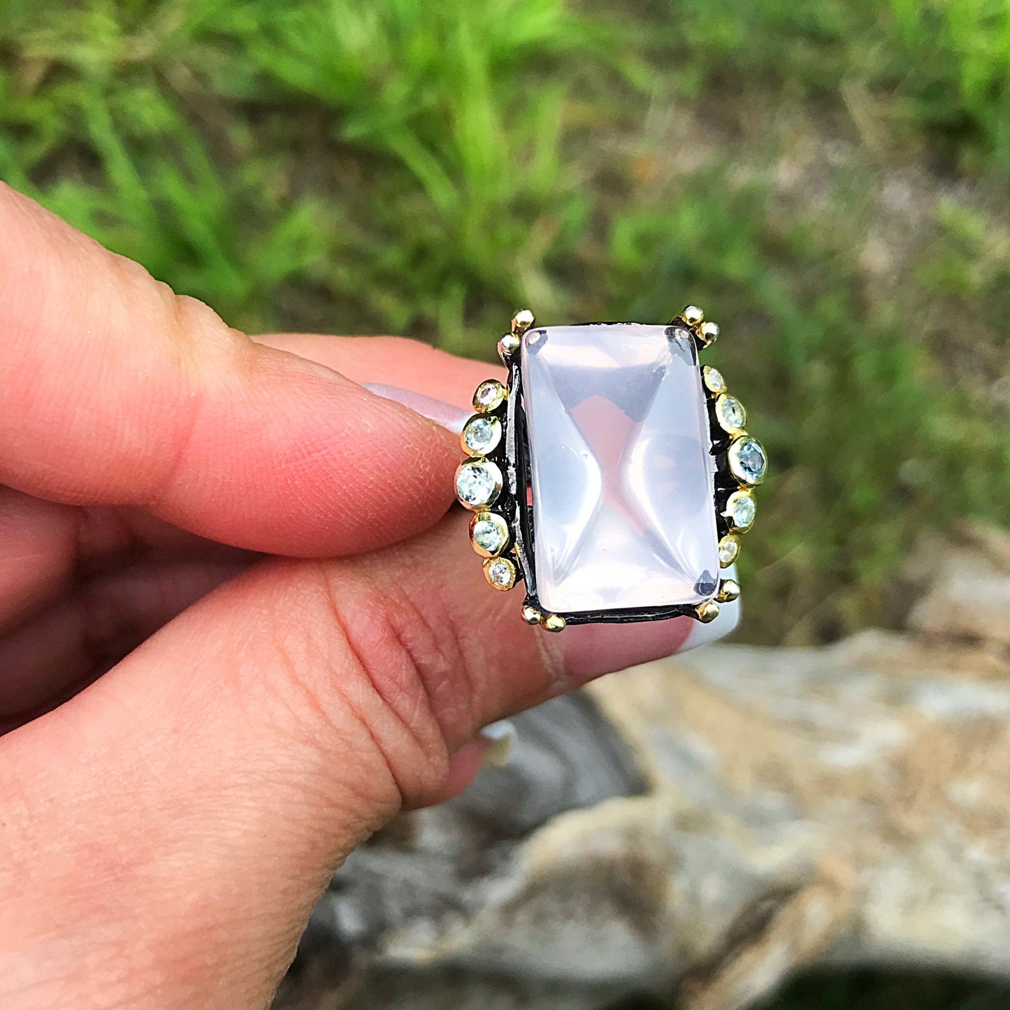 sterling silver Rose Quartz statement Ring 6.5