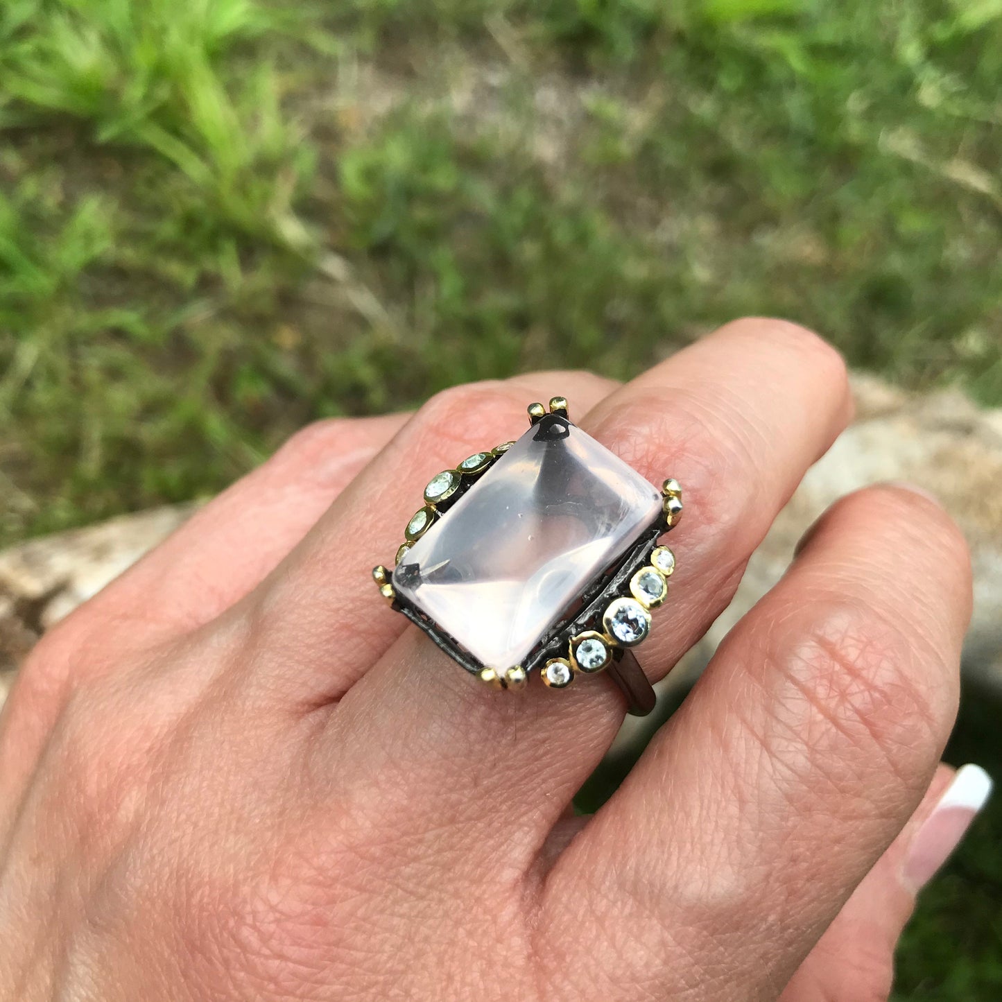sterling silver Rose Quartz statement Ring 6.5