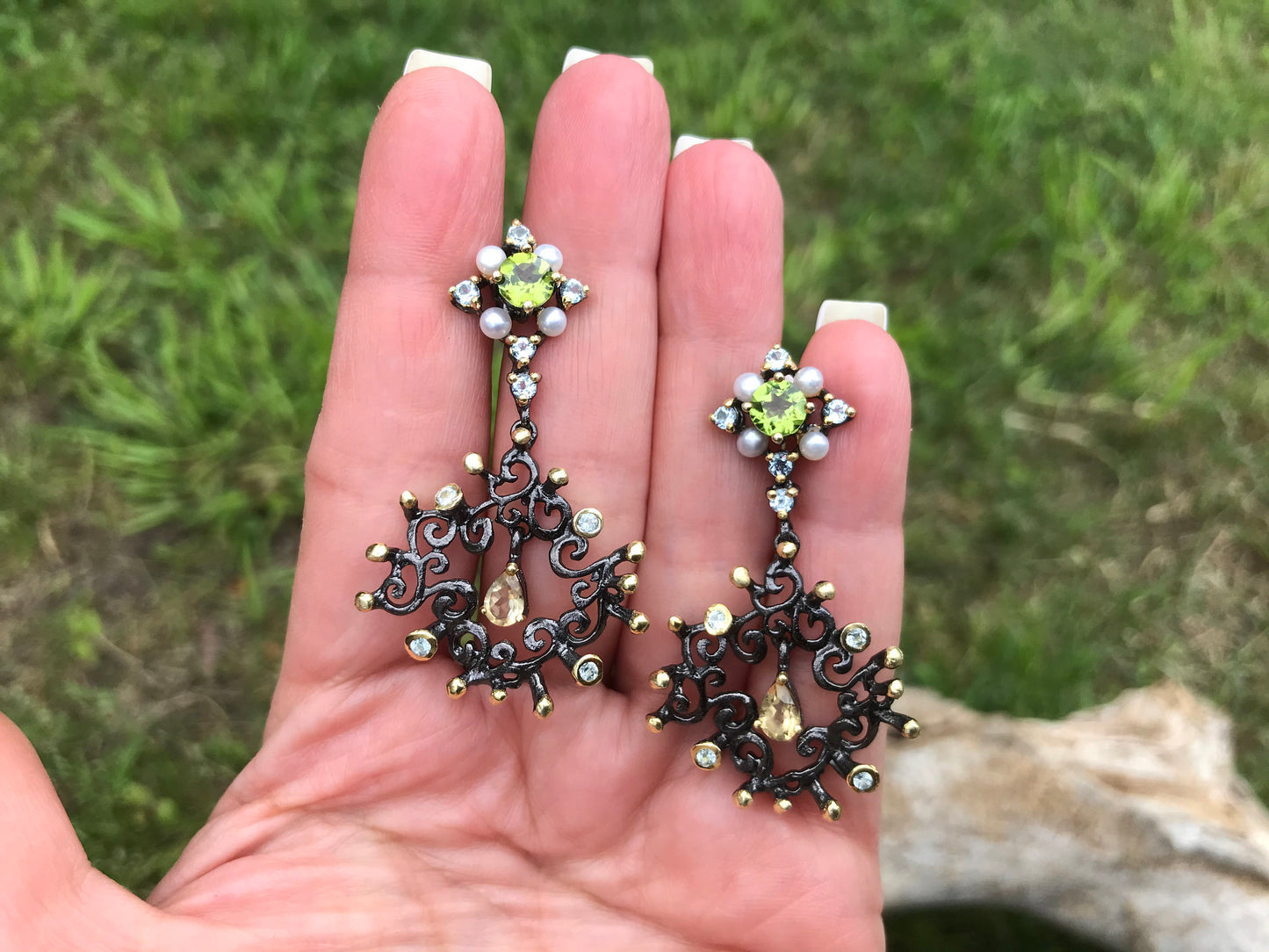 Sterling Silver peridot topaz dangle citrine pearl earrings