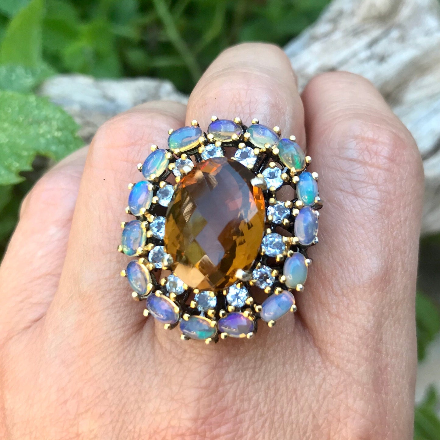 Sterling silver natural fire opal topaz citrine statement Ring 8