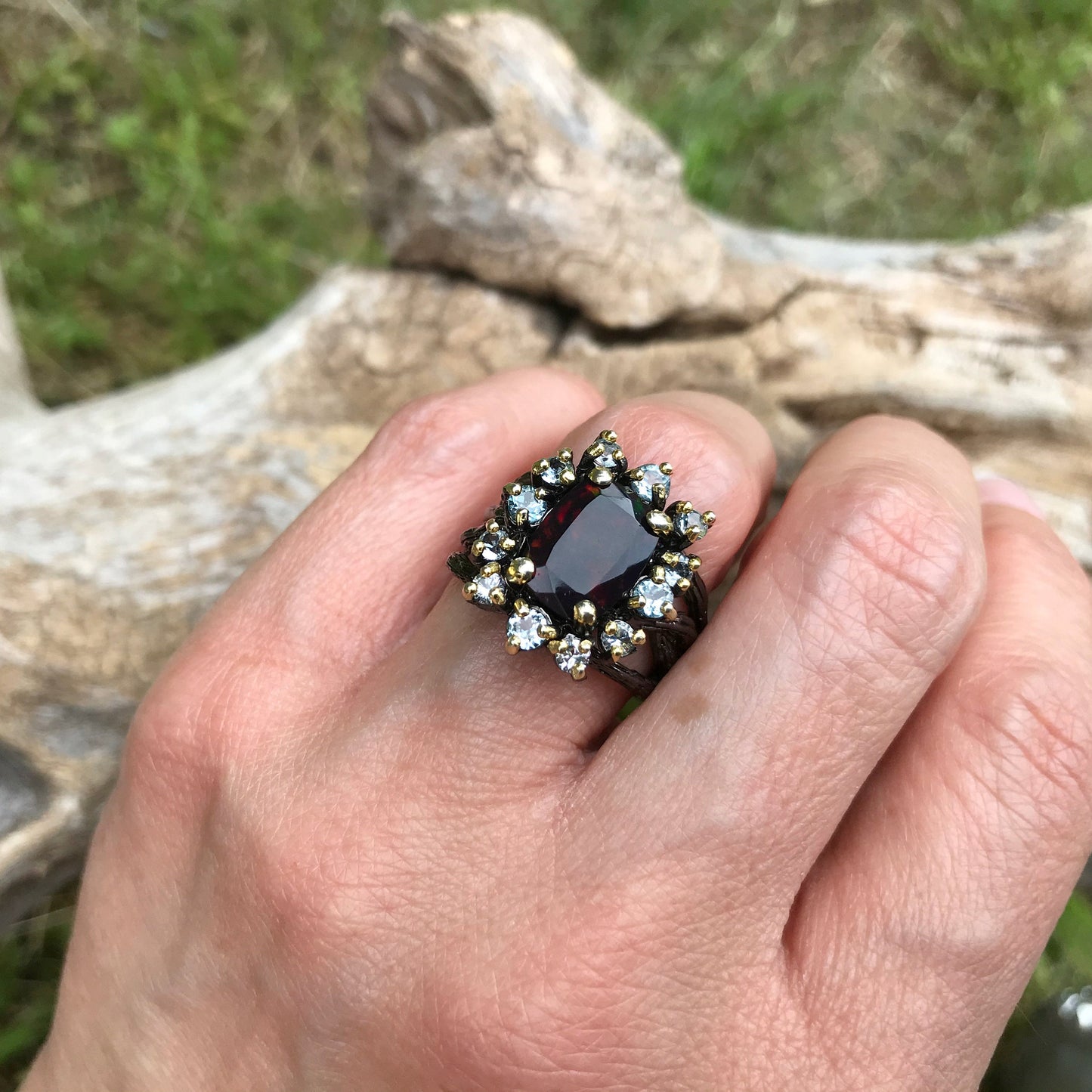 Sterling Silver Natural black opal topaz Ring 7.5