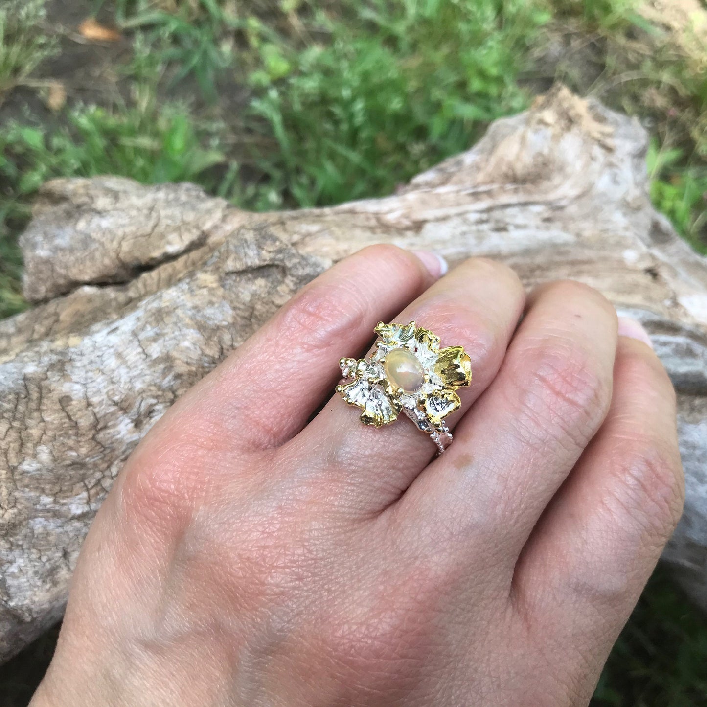 sterling silver Natural opal Artisan square ring 6.5