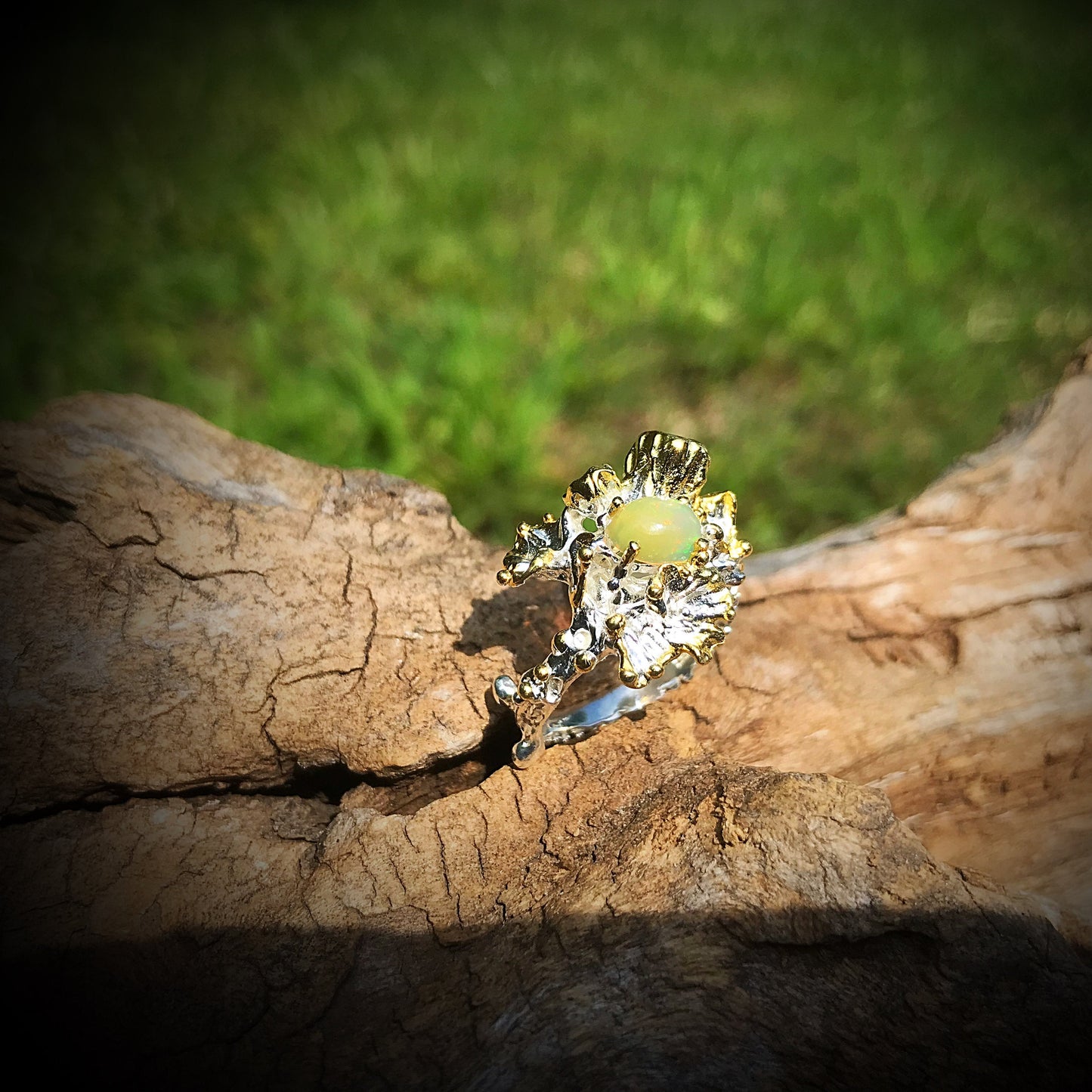 sterling silver Natural opal Artisan square ring 6.5