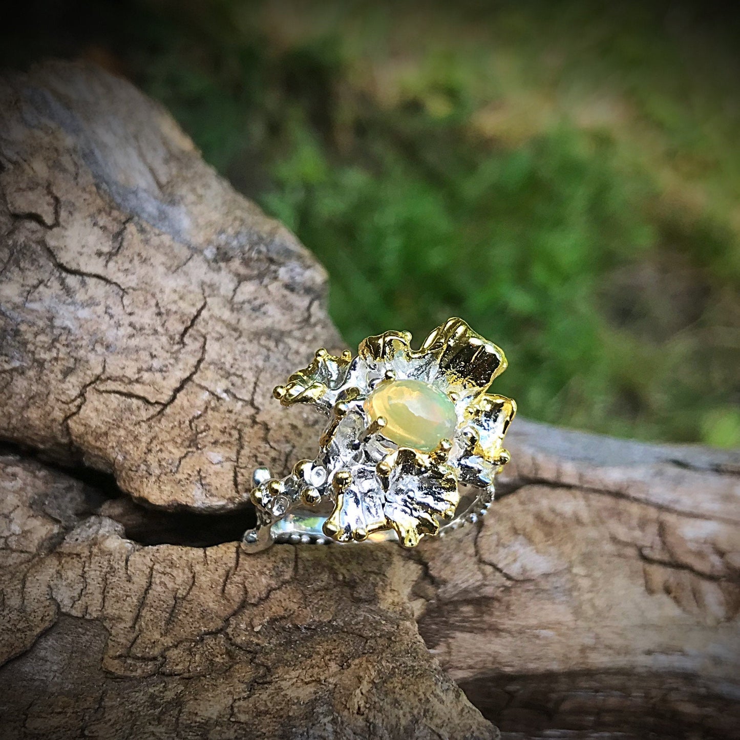 sterling silver Natural opal Artisan square ring 6.5