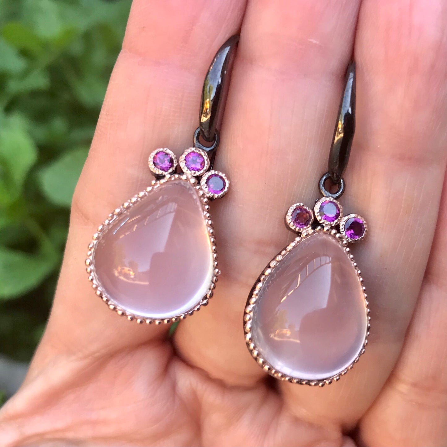 sterling silver Long Rose Quartz Earrings pink