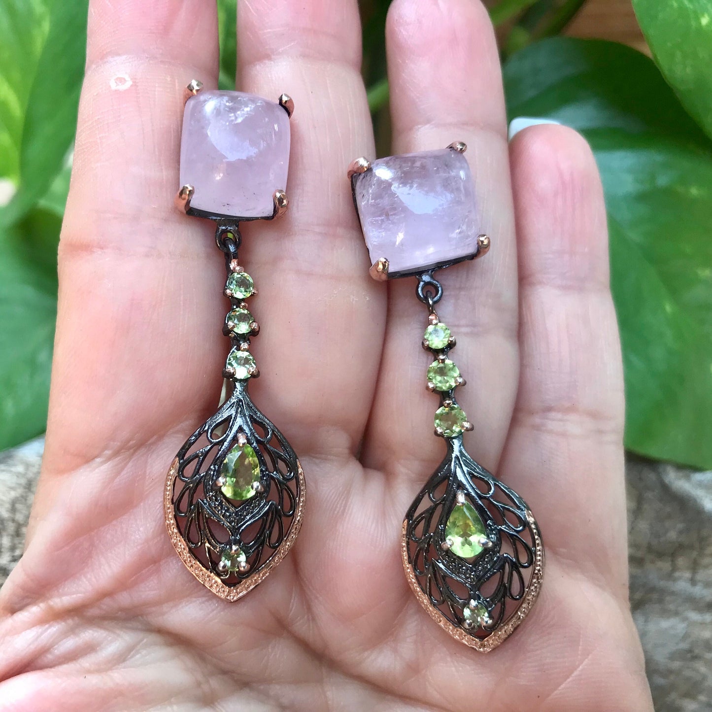 sterling silver Pink morganite peridot long Earrings