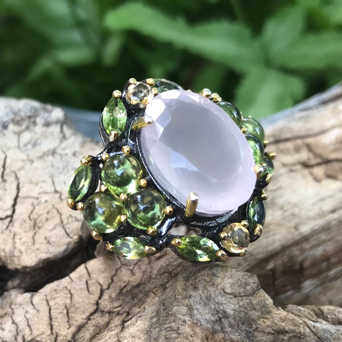 sterling silver Natural Rose Quartz Peridot statement Ring 7