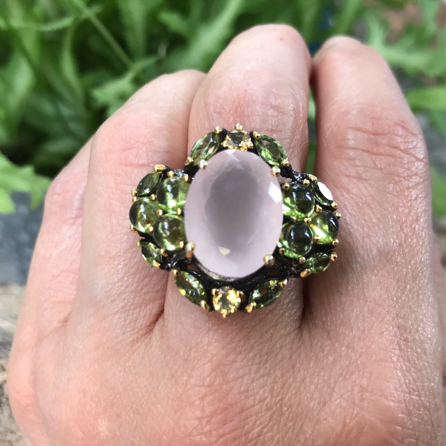 sterling silver Natural Rose Quartz Peridot statement Ring 7