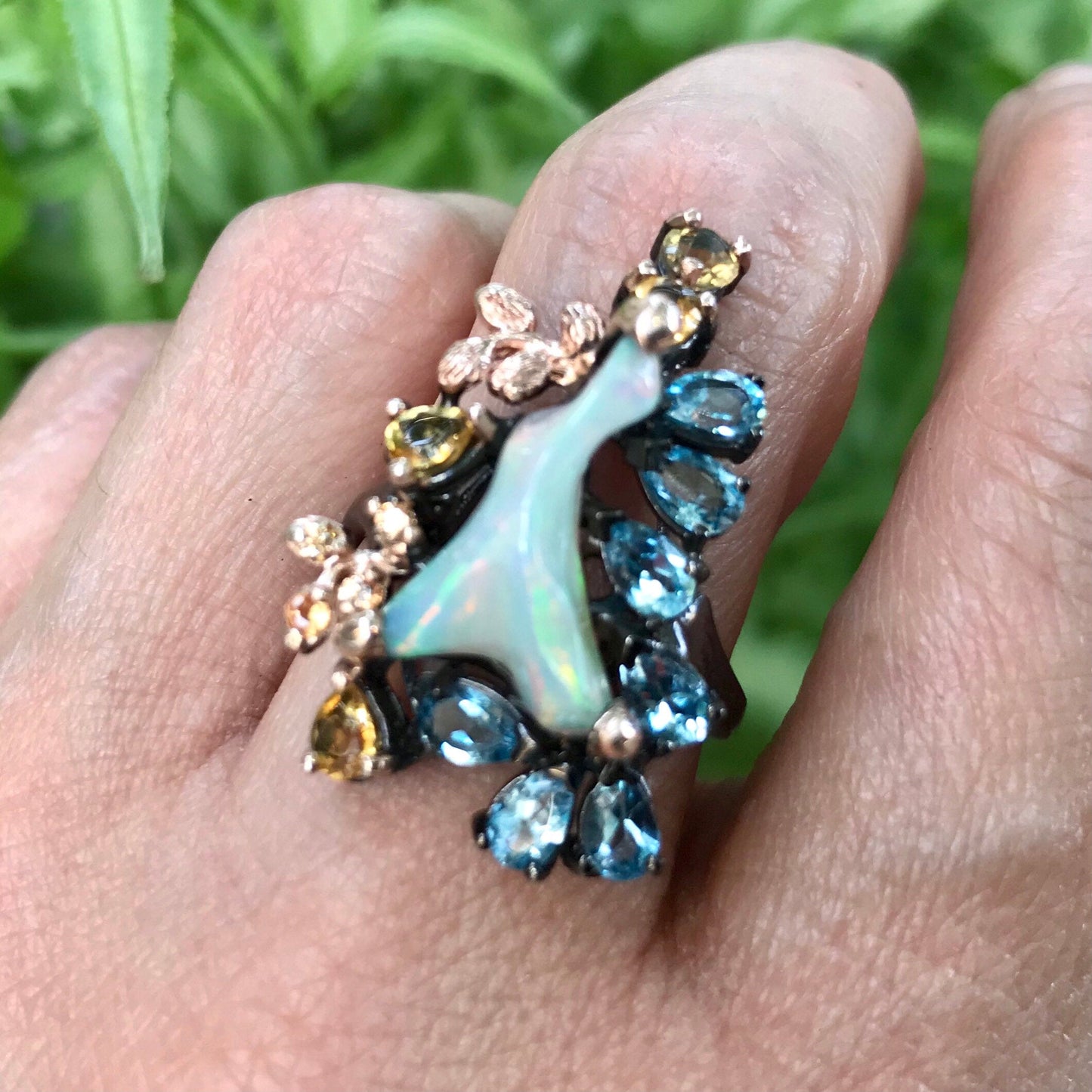 Styling silver opal topaz citrine statement Ring 8.5