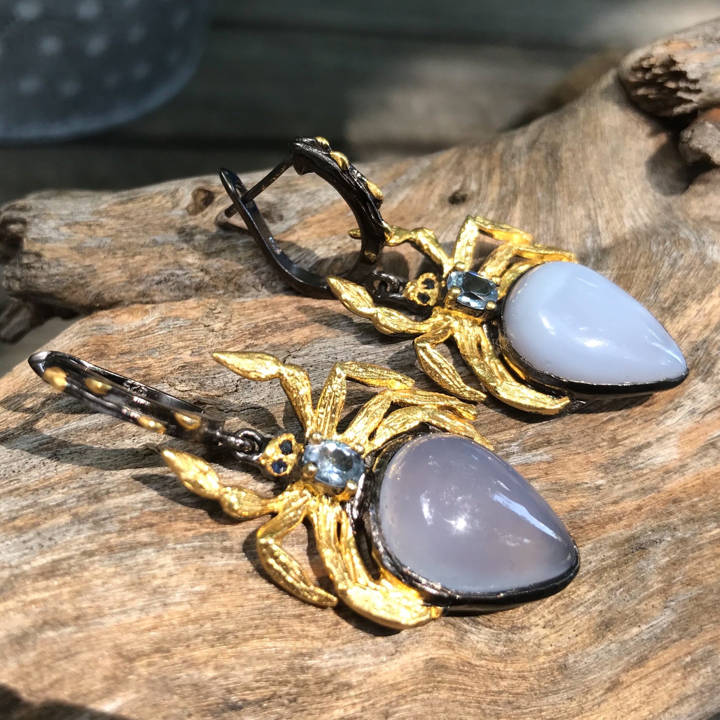 sterling silver blue chalcedony Topaz sapphire spider statement Earrings