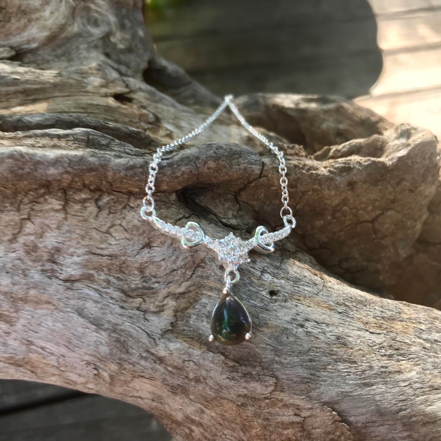 Sterling silver natural black opal pendant necklace