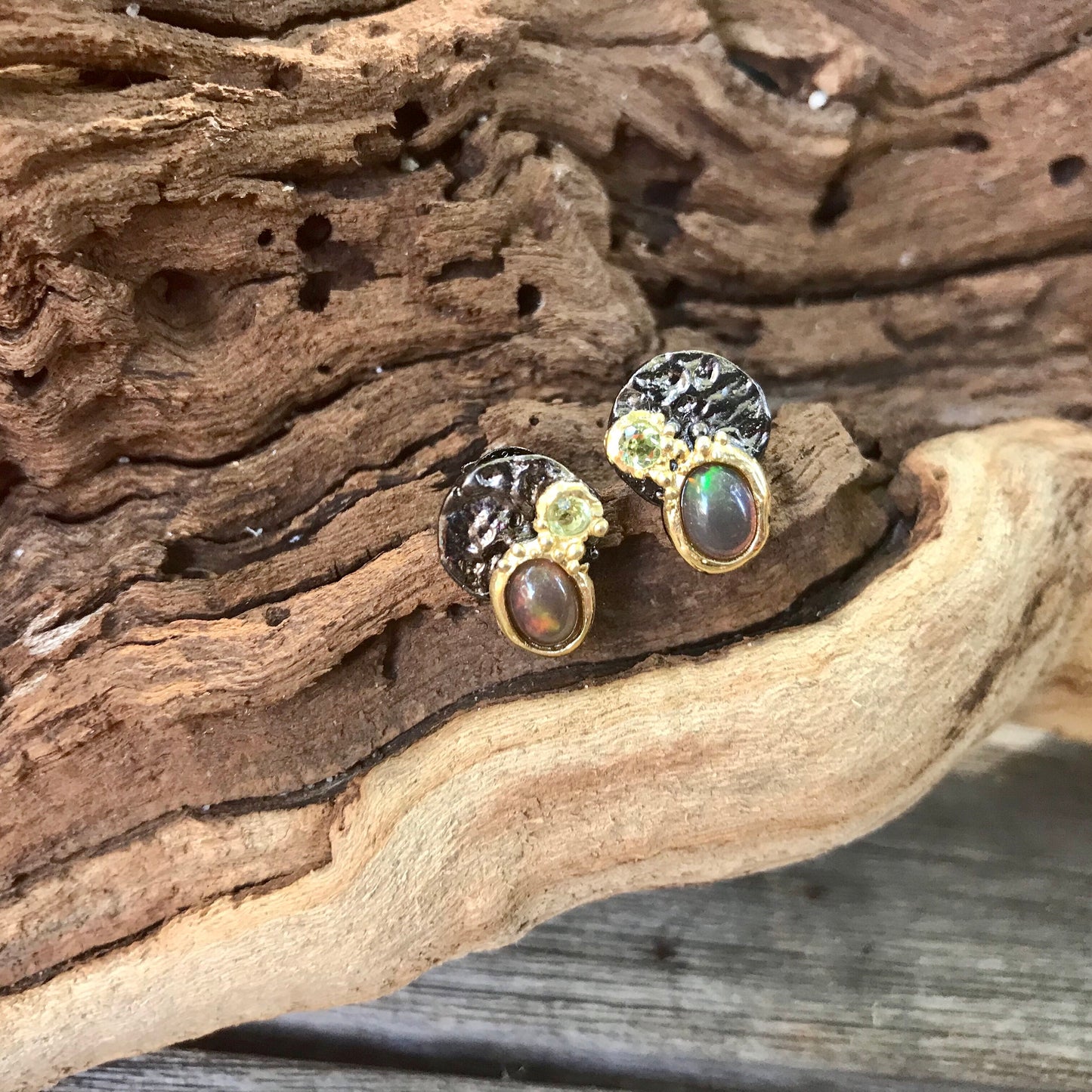 Sterling Silver Natural black fire Opal peridot stud Earrings