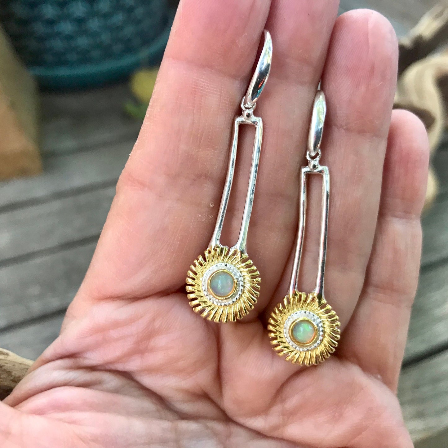 Sterling Silver natural rainbow opal abstract dangle earrings