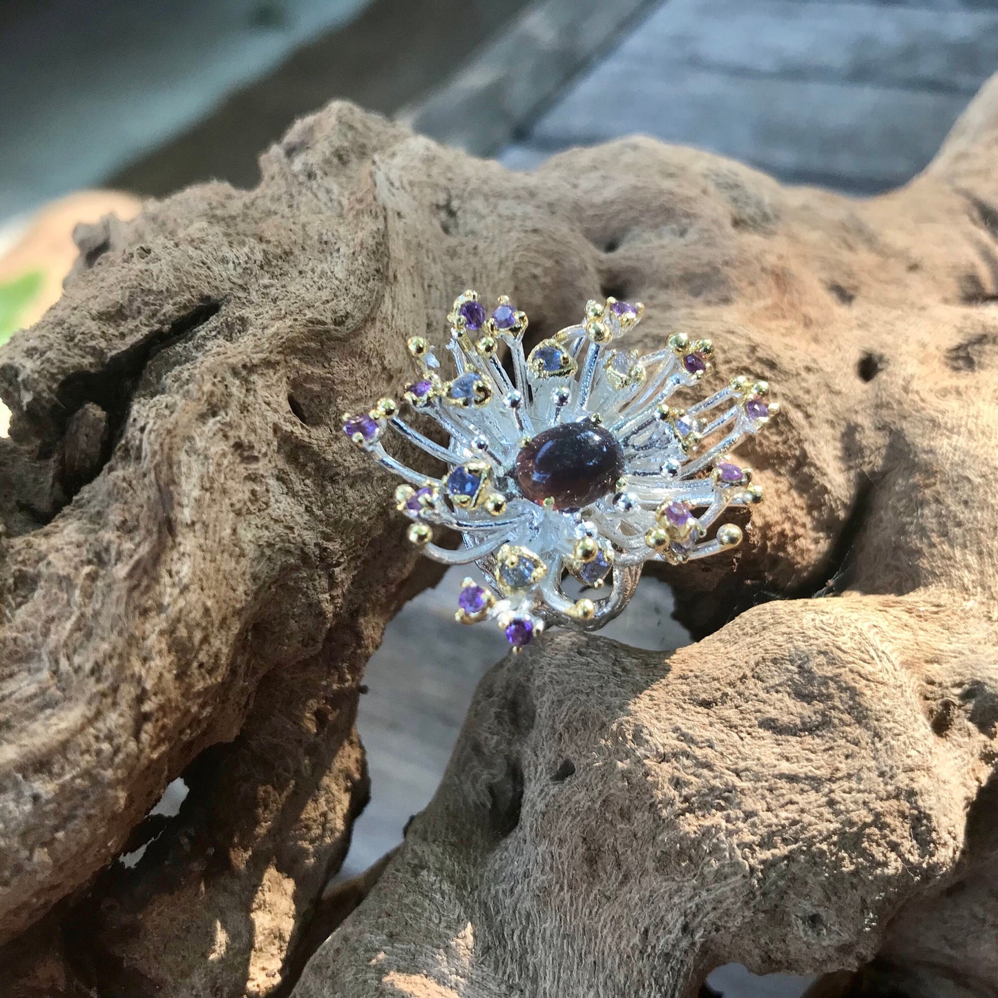 Sterling Silver black Natural Opal Amethyst ring 7