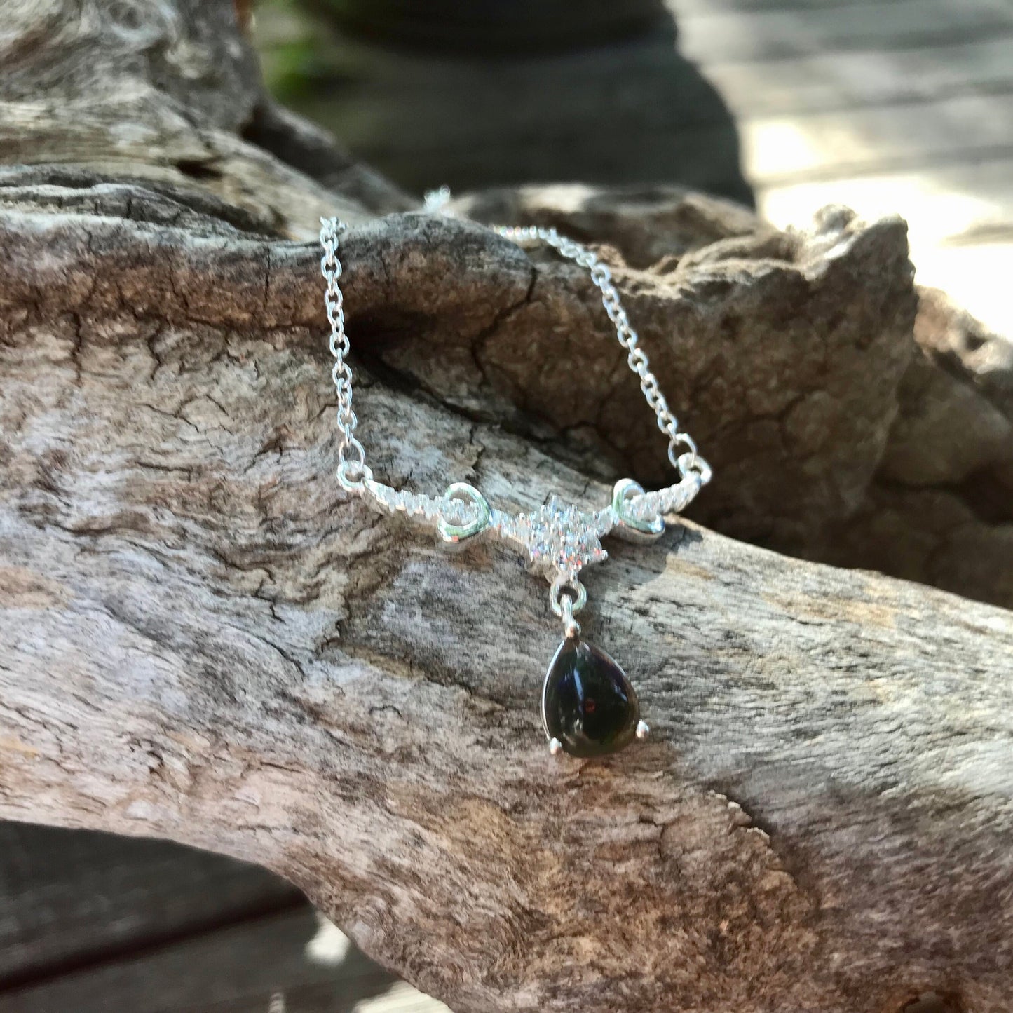 Sterling silver natural black opal pendant necklace