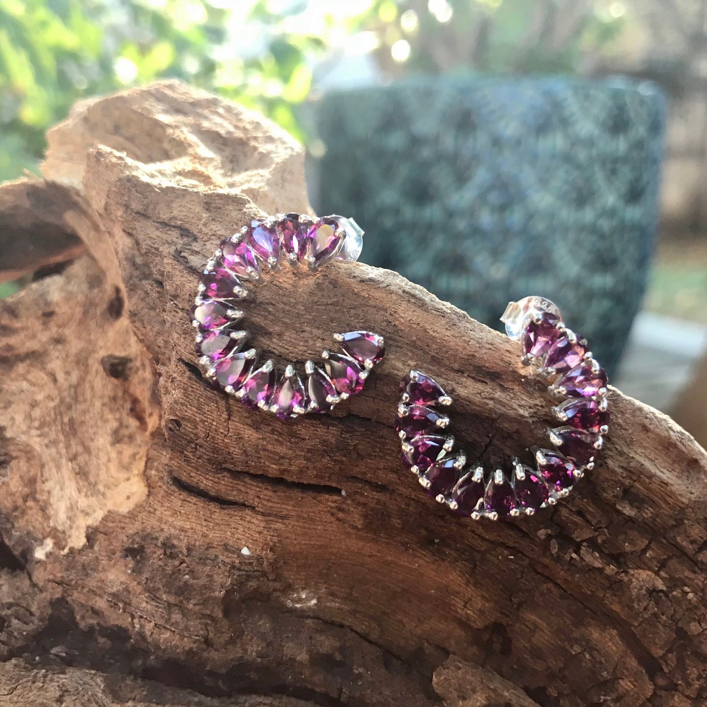 Handmade Sterling Silver Rhodolite Garnet Hoop C earrings