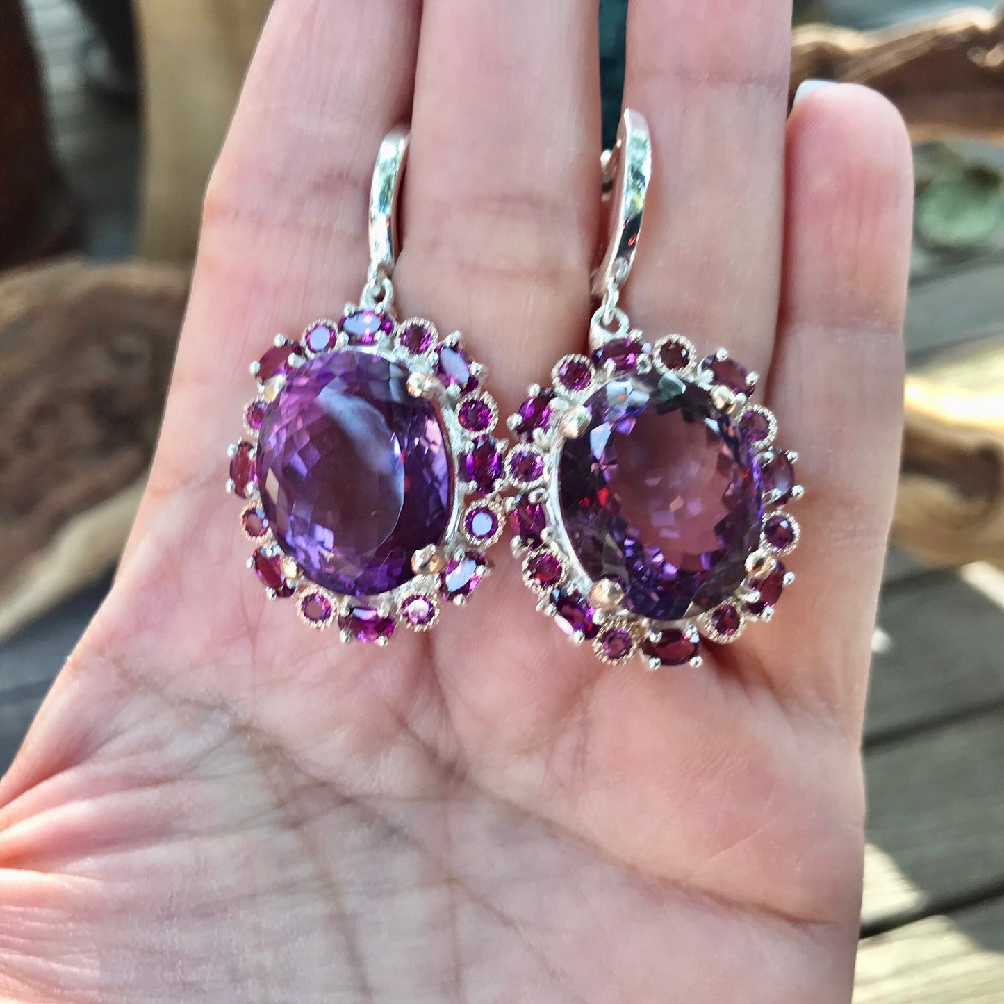 Sterling silver amethyst Rhodolite garnet statement Earrings