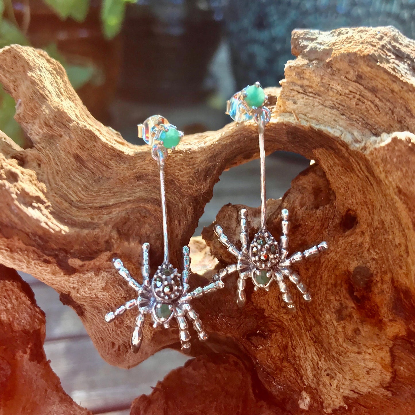 Sterling Silver Spider Marcasite emerald stud dangle earrings