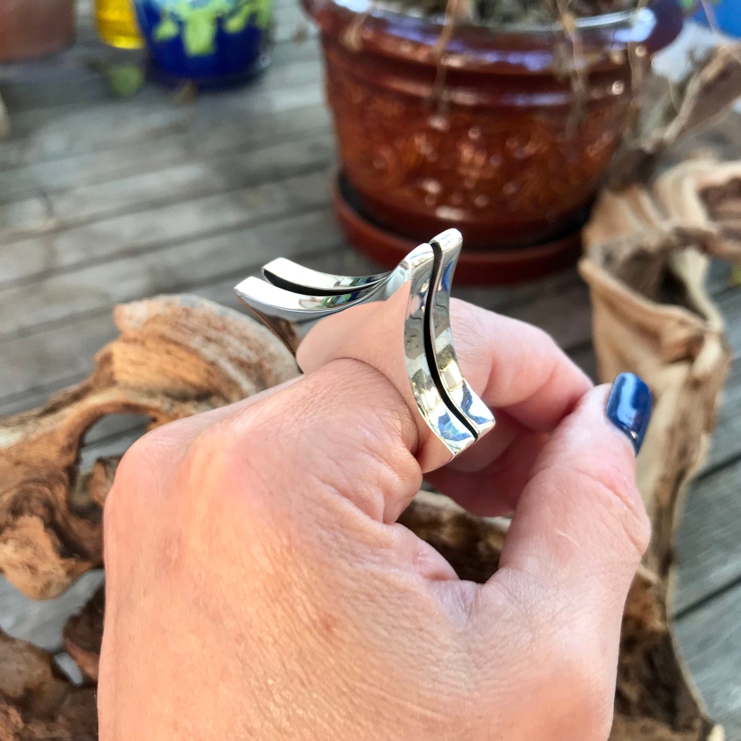 Sterling Silver Modernist Abstract oversize Statement Ring 8 10